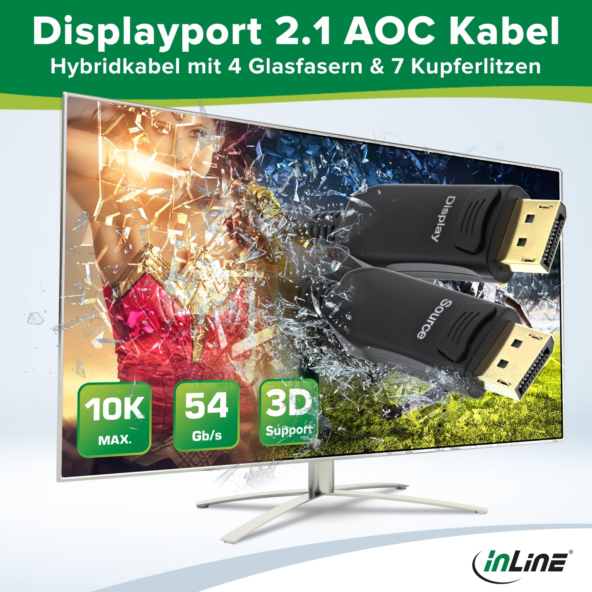 InLine Cavo DisplayPort 2.1 AOC, attivo, UHBR 13.5, 10K/8K/4K, trasmissione senza perdite, con connettori metallici, 10 m, nero, 17210 A