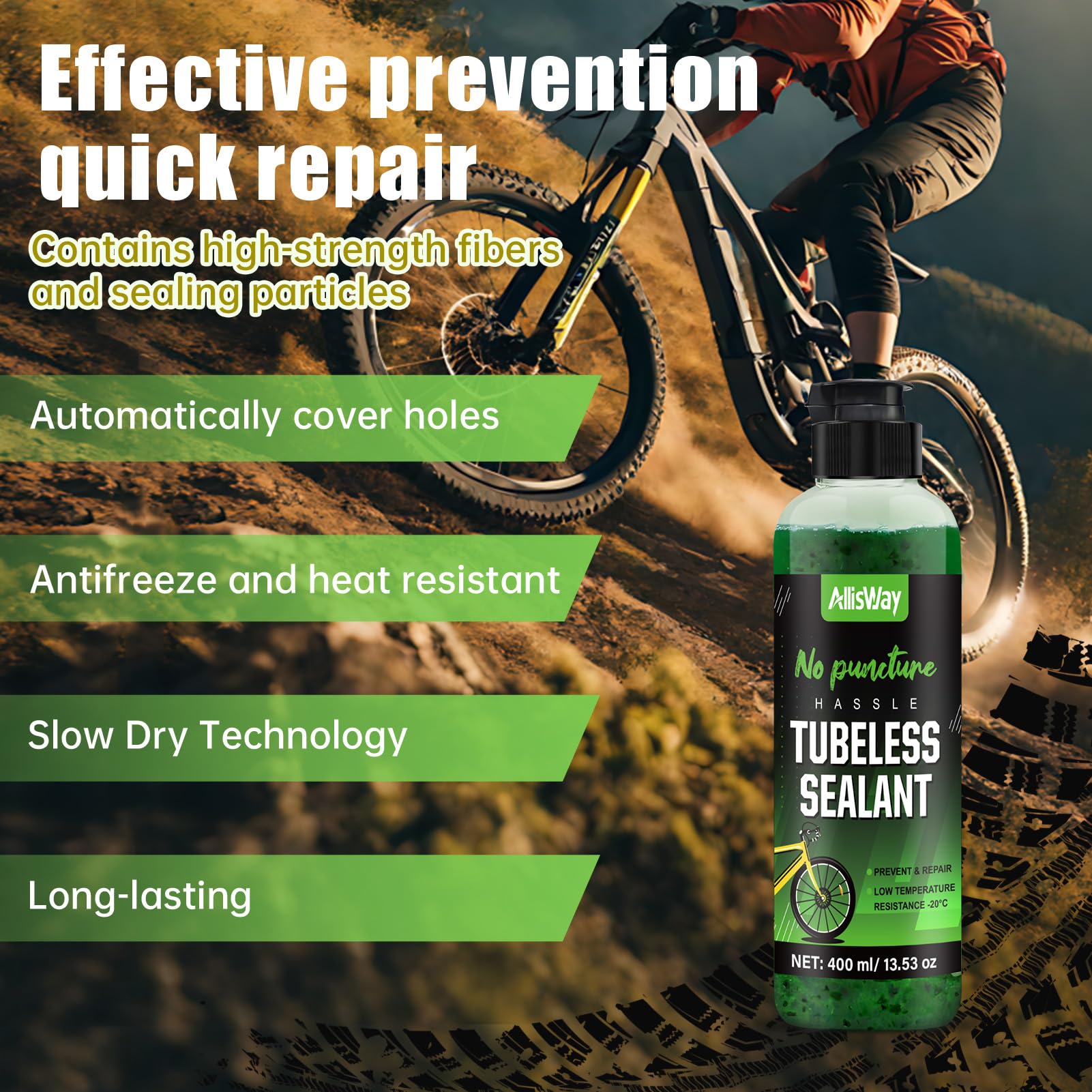 Lattice Tubeless, Liquido Tubeless MTB, Liquido Antiforatura MTB, Adatto per Mountain Bike e Bici da Strada, Prevenzione e Riparazione, Resistenza alle Basse Temperature -20°C, Verde, 400 ml