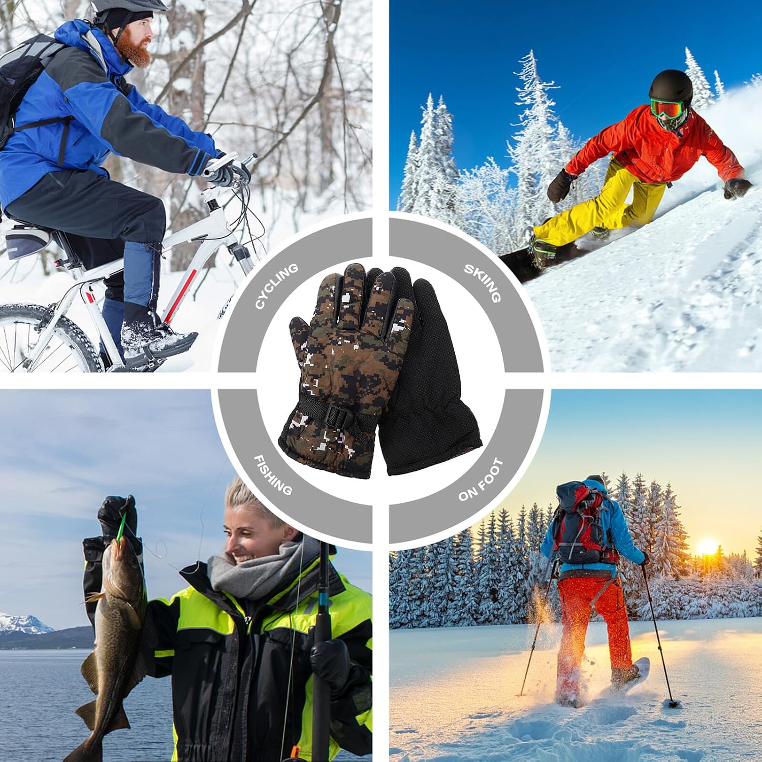 POPETPOP Outdoor Riding Cycling Gloves for Men and Women, Fleece-Lined Warm Waterproof Anti-Slip Touchscreen Gloves for Cold Weather Skiing and Hiking