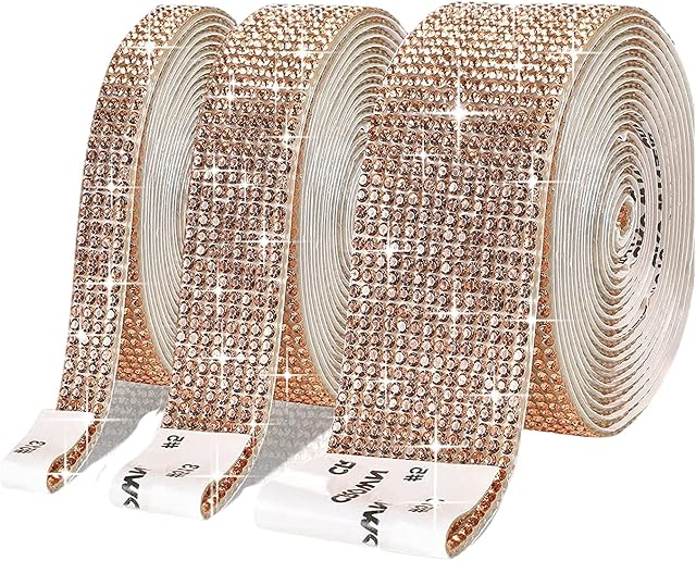 3 Rolls Gold Self-Adhesive Crystal Rhinestone Diamond Ribbon with 2 mm Rhinestones,Bling Home Accessories Rhinestone Stickers for Arts Crafts Home Cake Wedding Birthday Party Event Car Phone Decor