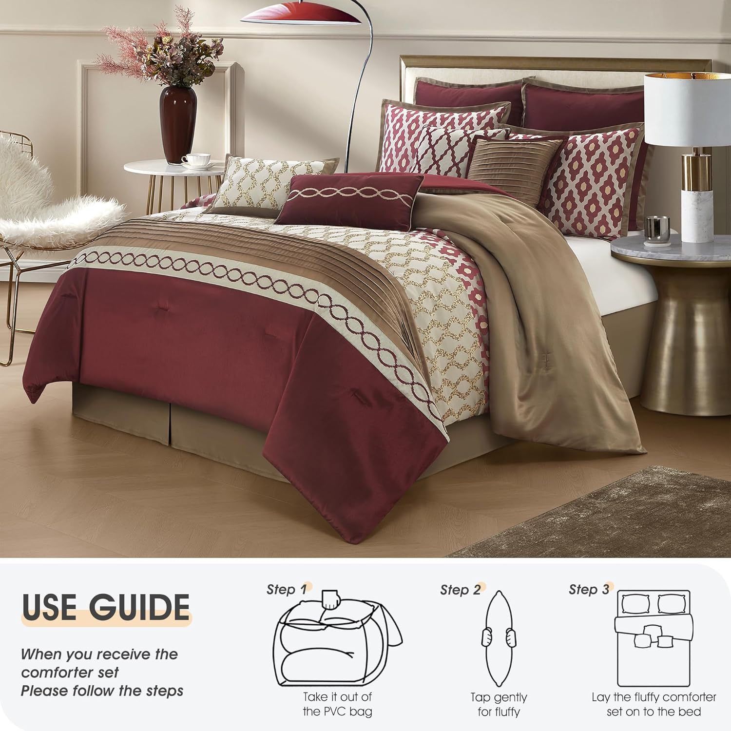 King Size Comforter Set, Burgundy, 10 Piece Bed in a Bag for All Seasons, Luxury Extreme Comfort Bedding Sets with Bedskirt, Pillow Shams, Euro Shams and Decor Pillows - Image 5