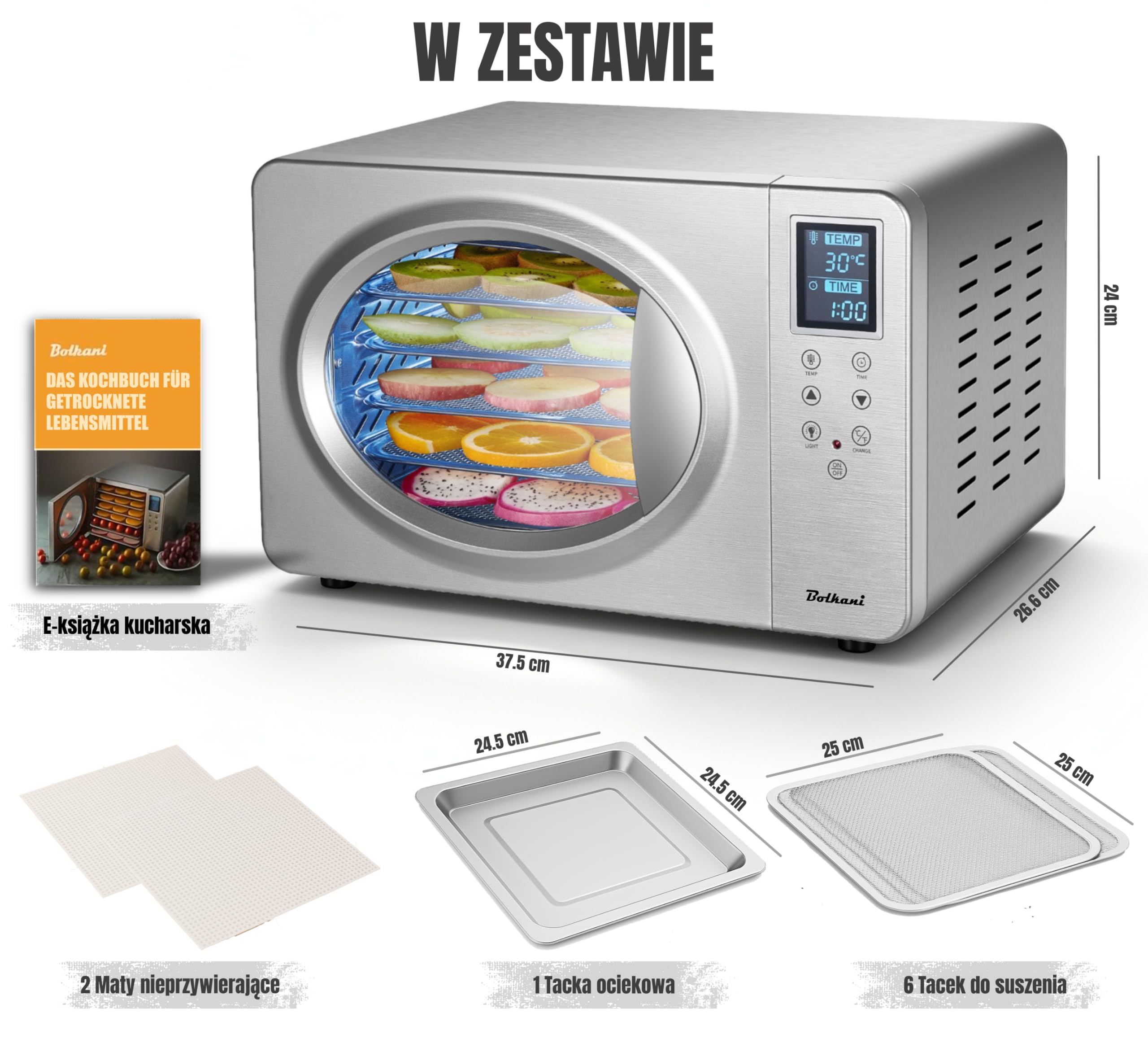 suszarka do żywności ze stali nierdzewnej, 6 tacek, 500 W, wyświetlacz LED, 20 – 90 °C, 24-godzinny timer, cicha praca, łącznie z tacką ociekową i matą osuszającą do owoców i mięsa