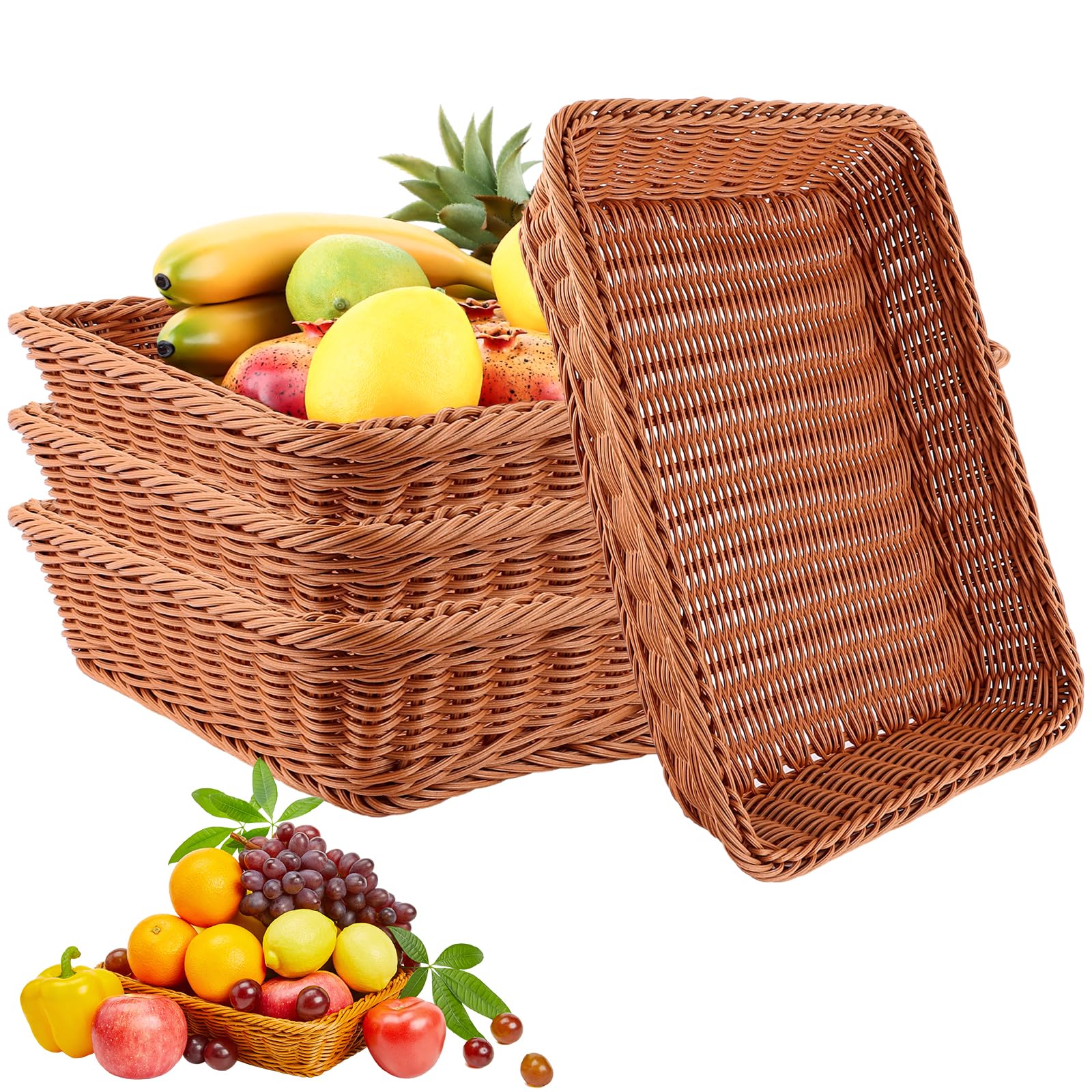 AKOLAFE 4 Pièces Corbeille a Pain en Osier 40 x 30 x 8 CM Panier Pain Empilables Panier a Pain de Service Brun Panier Osier Rectangulaire Corbeille Osier pour Pain, fruit, Légume, Ustensile de Cuisine
