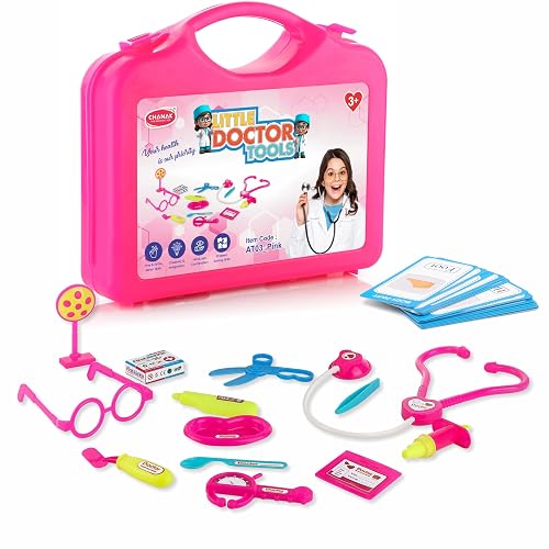 Aditi Toys Playset for Kids, Pretend Play Doctor Set with Foldable Suitcase and 17 Flashcards for Kid, Doctor Kit Toyset for Kids Above 3 Years, BIS Approved. (Pink)