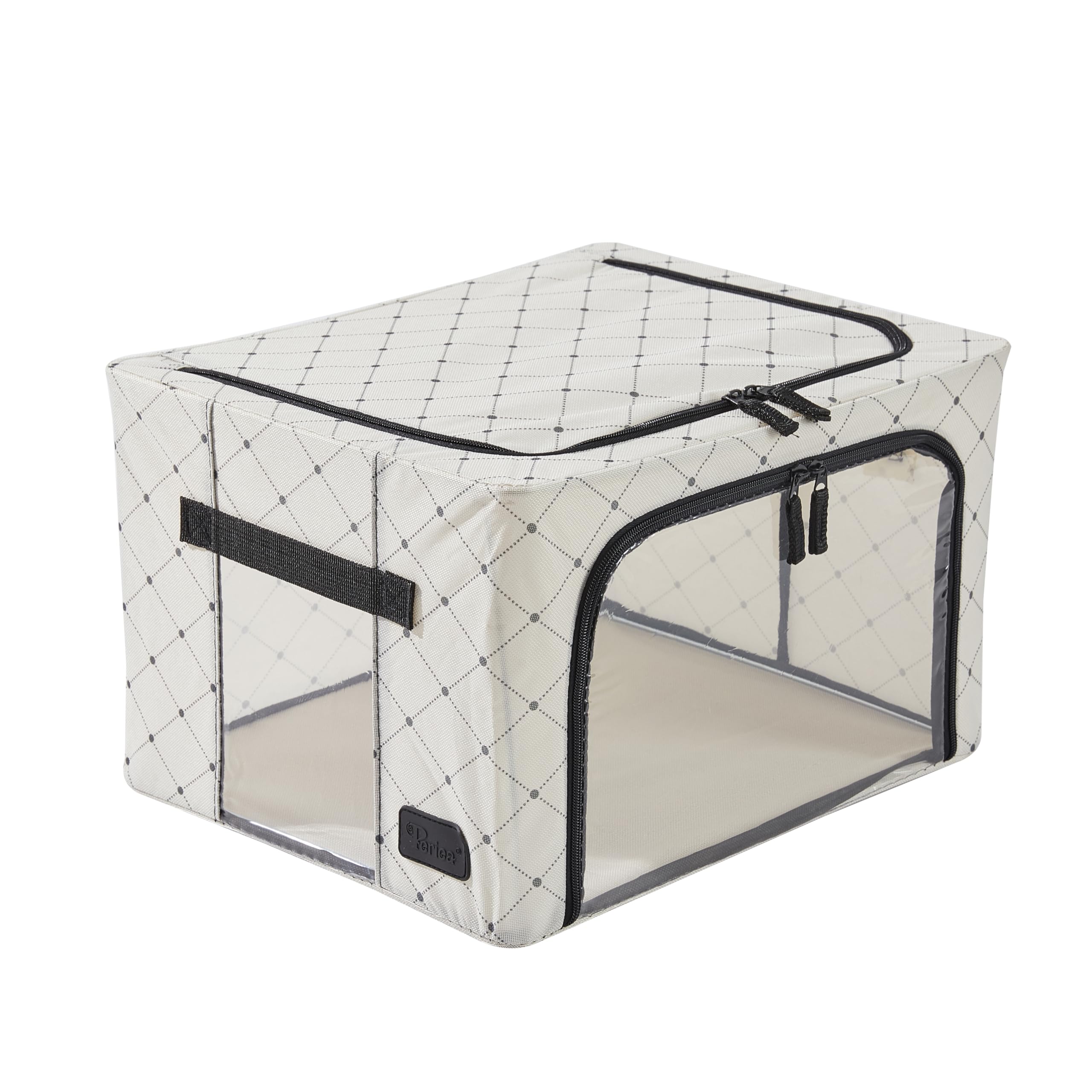 Periea ‘Beau’ Folding Collapsible Stackable Fabric Home Storage Boxes with Steel Frames (Black Dots, Small)