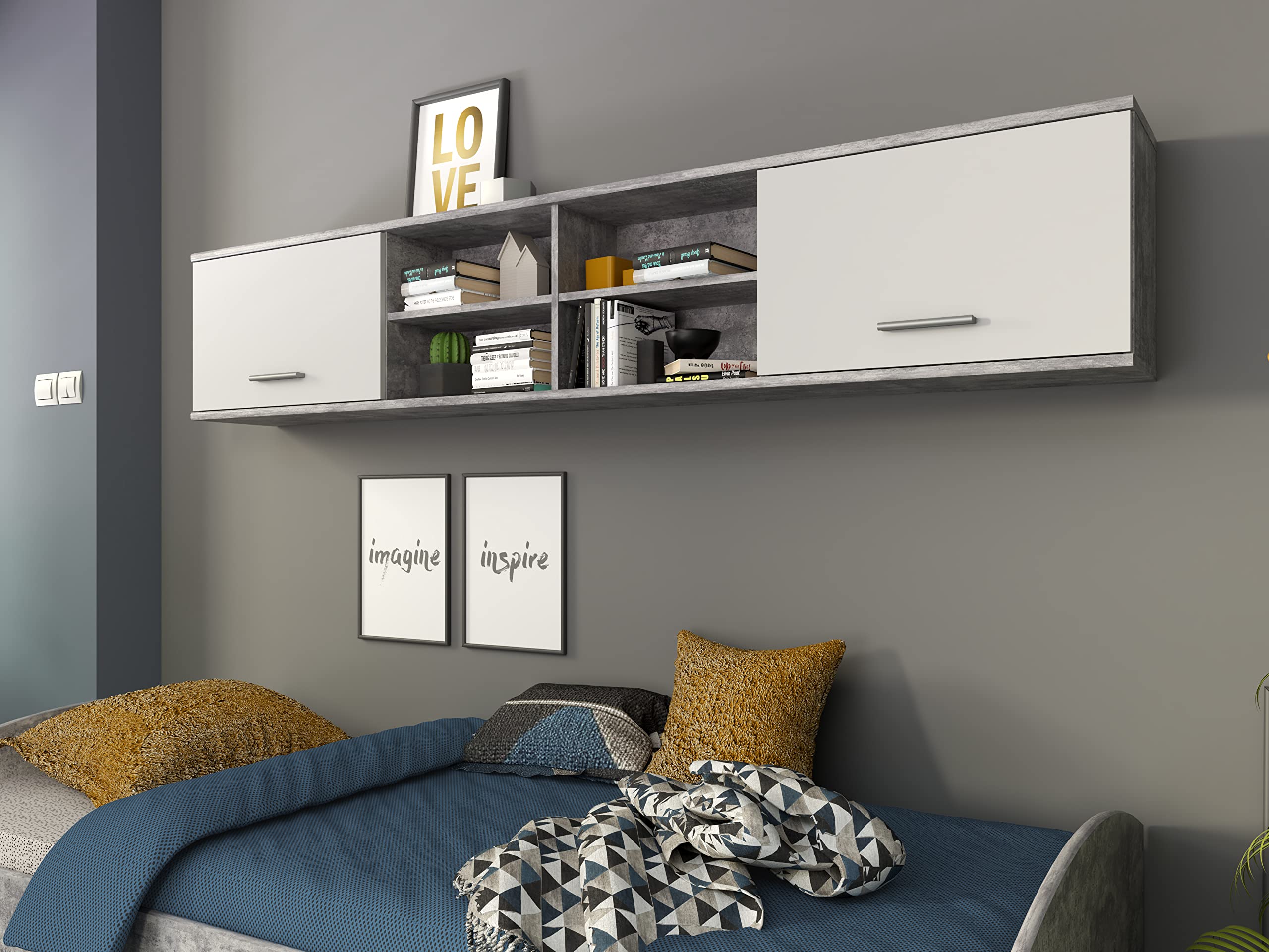 FORTE Lupo Wandregal mit 2 Türen, Holzwerkstoff, Betonoptik Grau mit Weiß , B x H x T: 206,4 x 39,3 x 25,1 cm