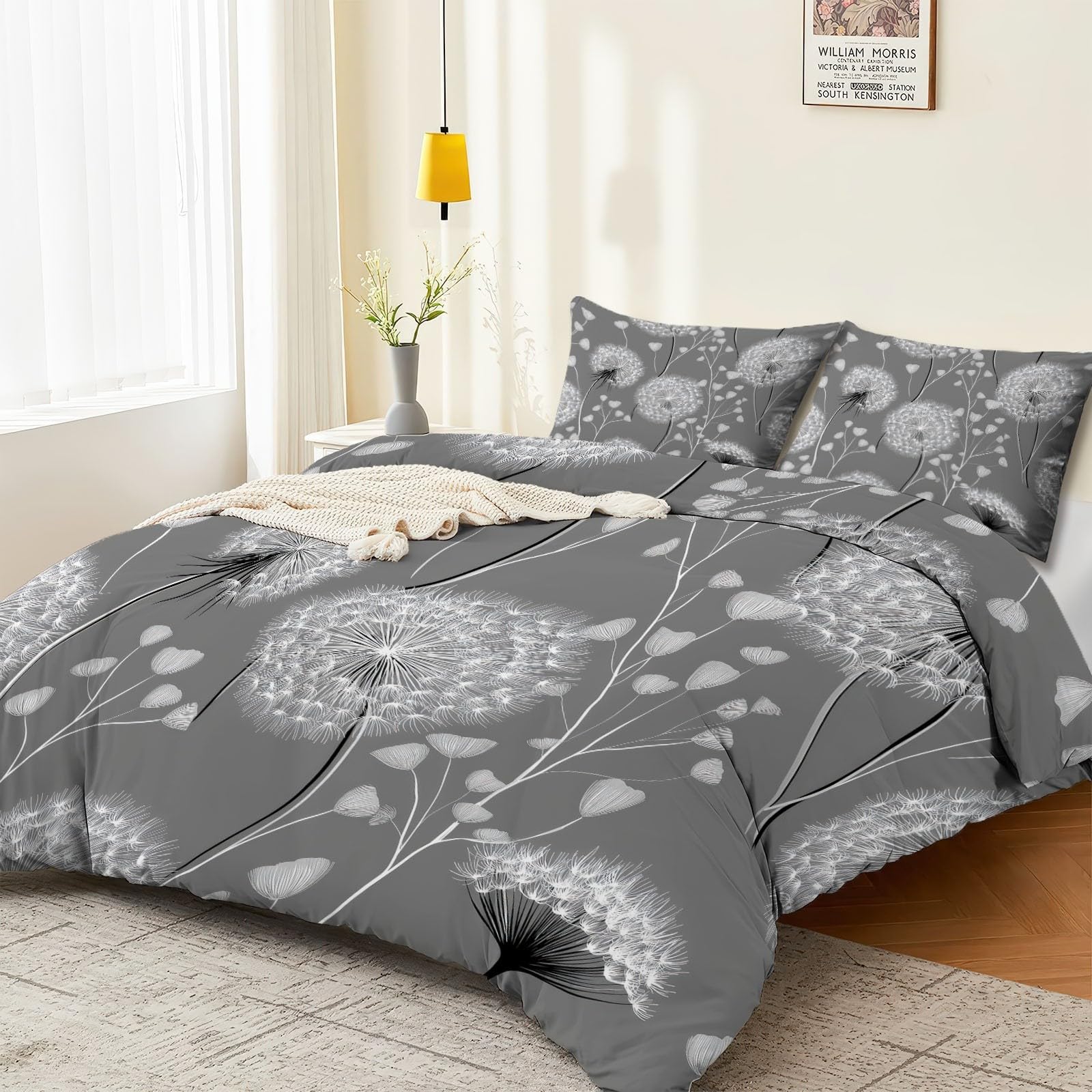 Housse de couette pissenlits 240x260 cm grise en microfibre réversible avec taies