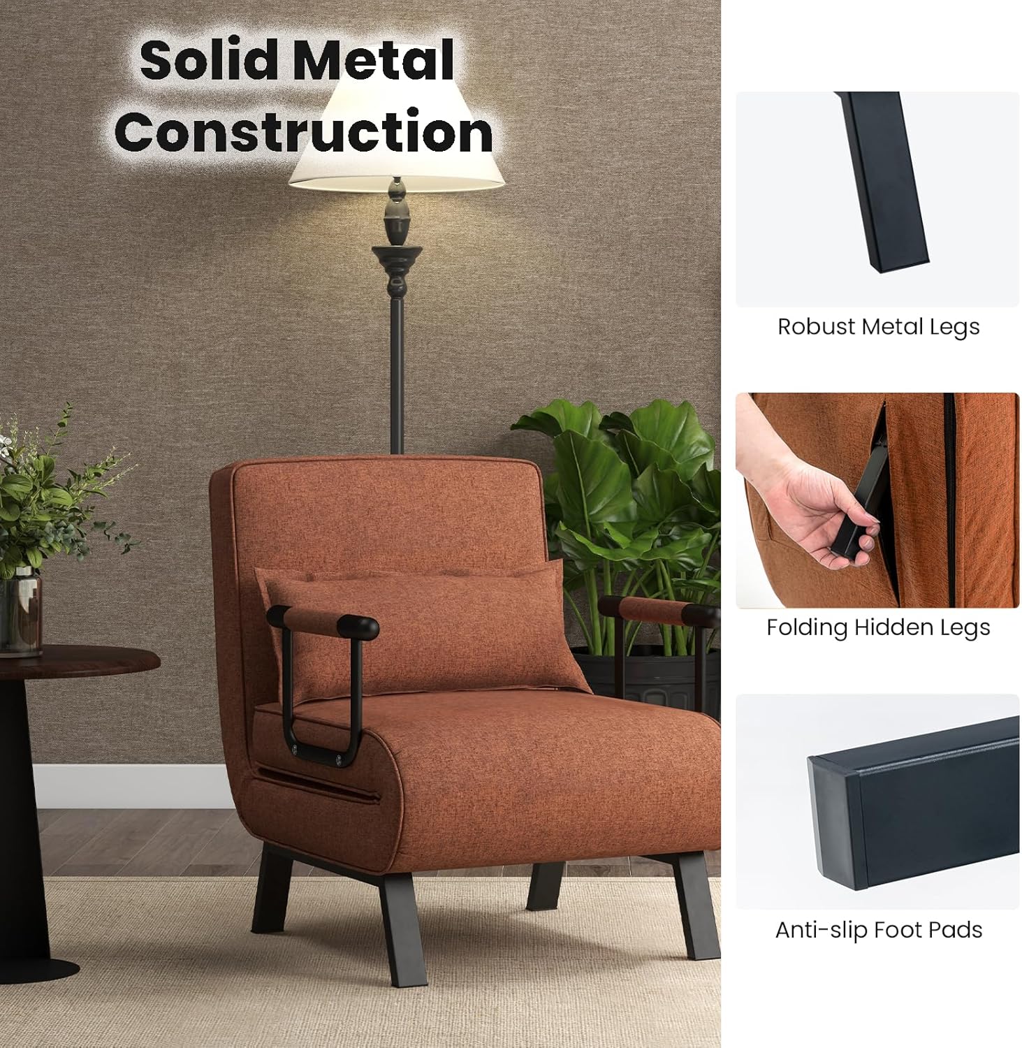 S AFSTAR 4 in 1 Convertible Sofa Chair Bed, Tri-fold Leisure Recliner Sleeper with 6-Position Adjustable Backrest, Pillow & Metal Frame, Folding Chaise Lounge Couch for Apartment, Bedroom (Coffee)