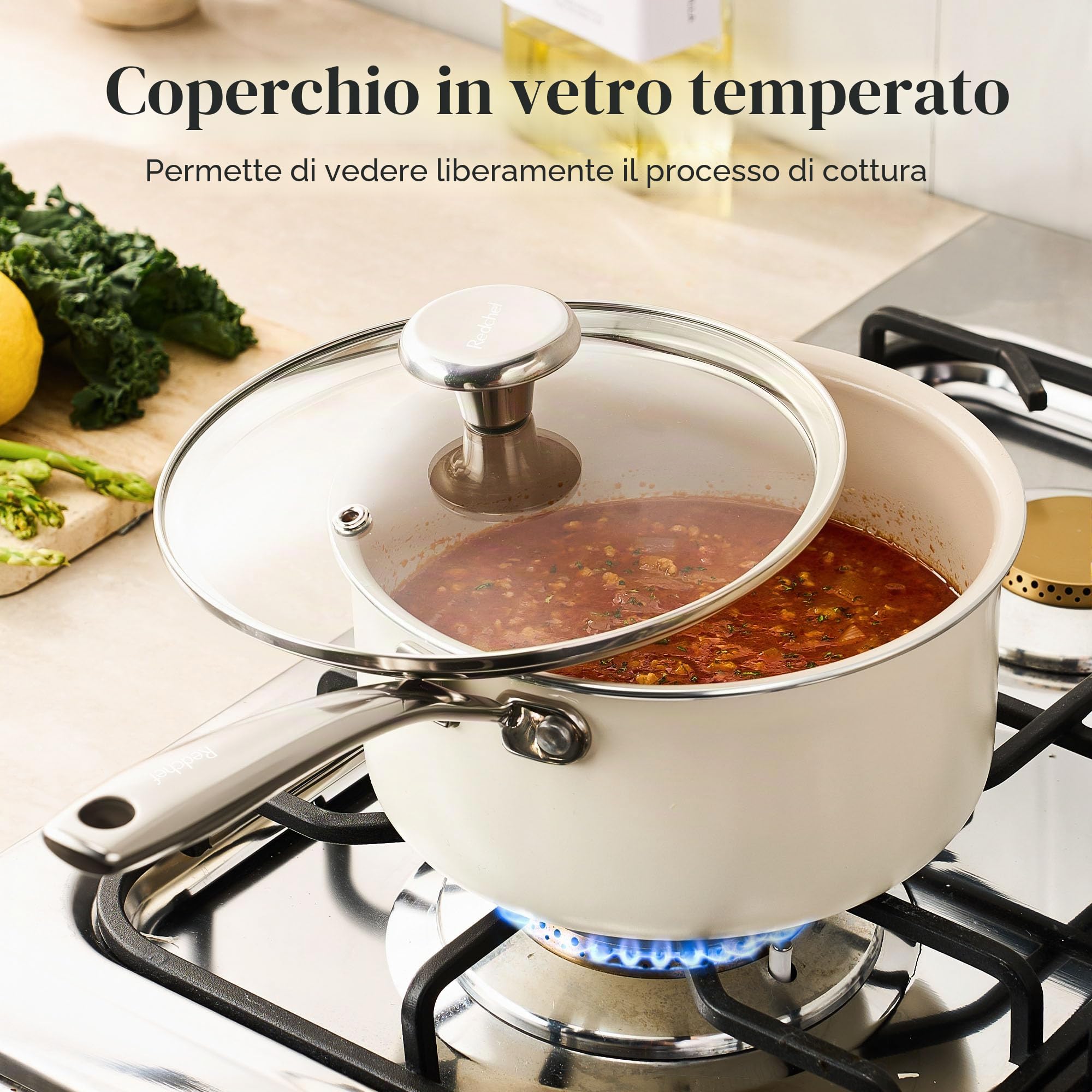 Redchef Set di pentole in ceramica 6 pezzi, compatibile induzione con coperchi in vetro, pentola 24 cm, casseruole 18/20 cm, adatto a tutti i piani cottura e forno, colore Beige