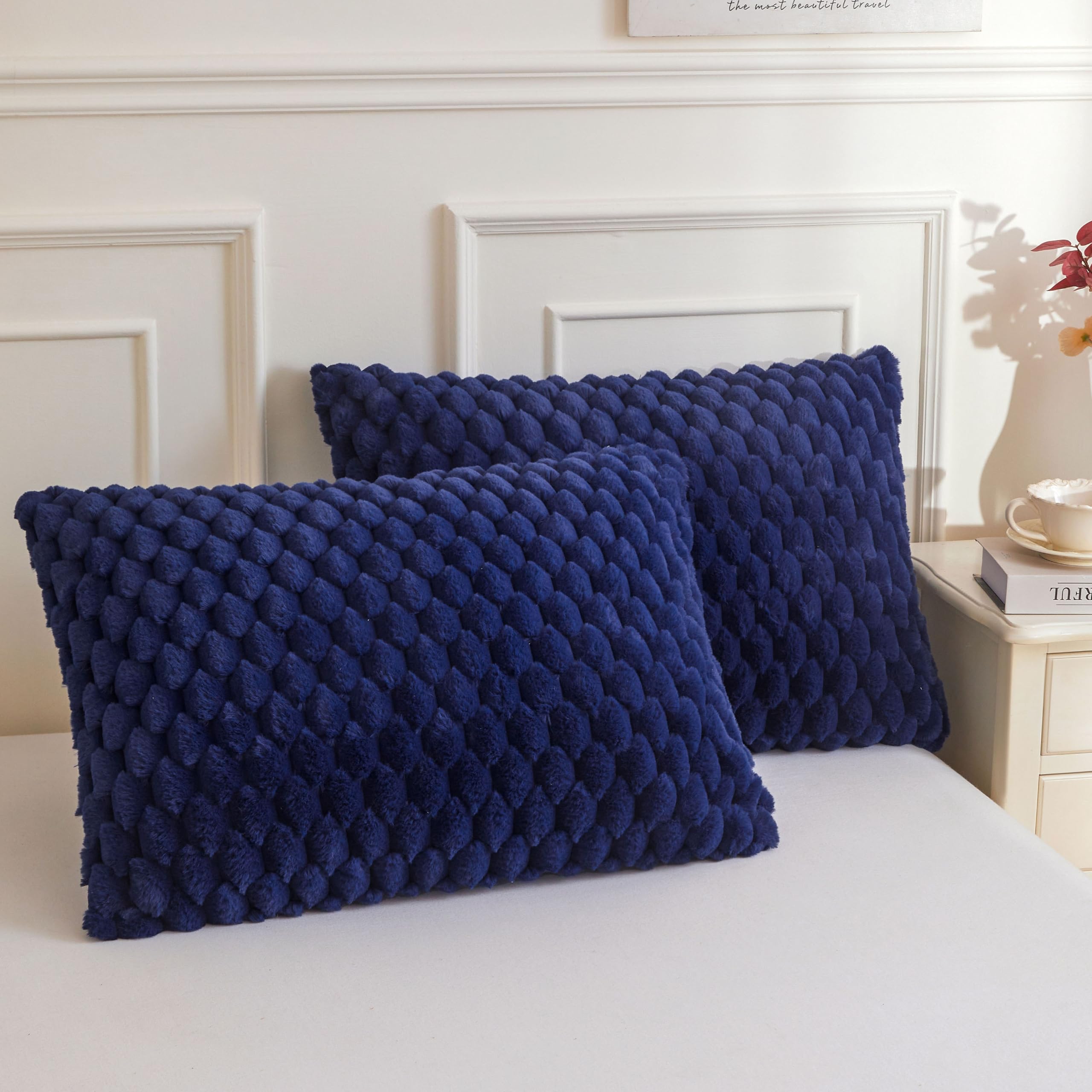 XeGe Bubble Fluffy Faux Rabbit Fur Pillowcases Standard, Navy Blue, 2 Pack