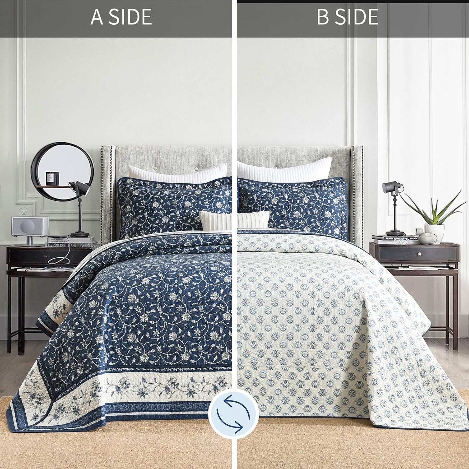 DDUOXIN Oversized King Bedspread 128"x120" - 100% Cotton Reversible California King Quilt with 2 Pillow Shams, Floral Botanical Bedspreads Coverlet Set, Navy/White/Gray, 3 Piece