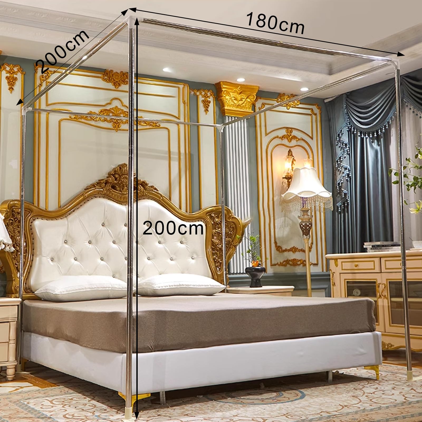 Baldachim do łóżka, zasłony do łóżka, baldachim do łóżka, 4 zasłony narożne, pyłoszczelne, 360 ° odstraszający, zasłona do łóżka ze stali nierdzewnej, siatka do sypialni