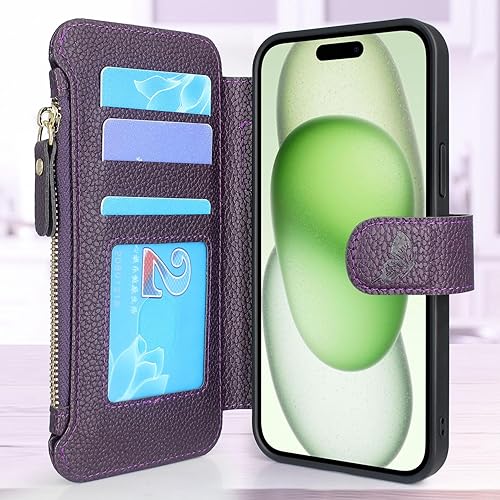 Miniatura 3 de Lacass Funda compatible con MagSafe para iPhone 15 Pro de 6.1 pulgadas, 3 tarjeteros con cremallera de piel, cierre magnético, correa de muñeca