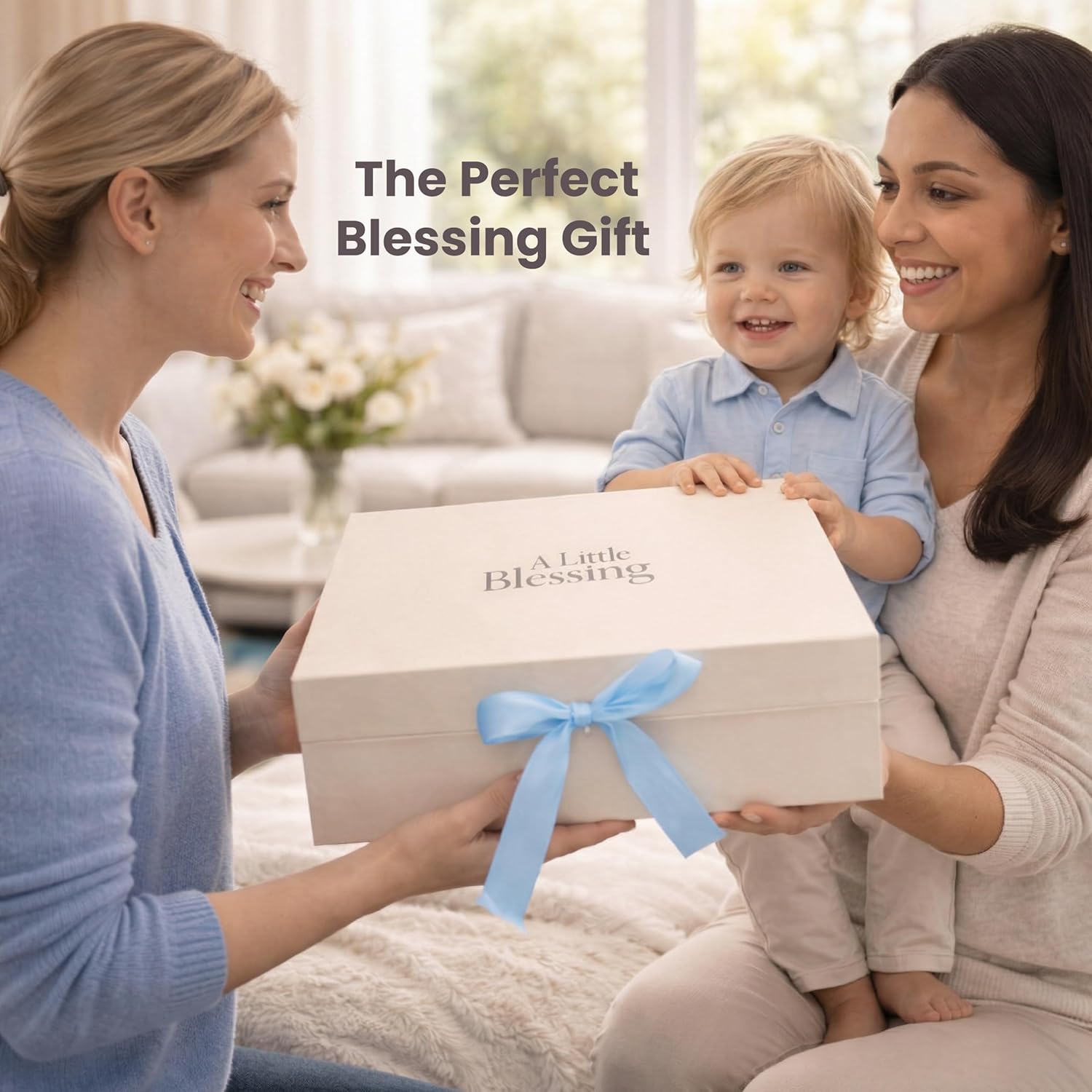 Baptism Gift for Boy Baptism Set with 10" Praying Lamb Plush Toy with Blue Bow, Bamboo Muslin Blanket & First Prayer Book, Ready to Gift Keepsake Box