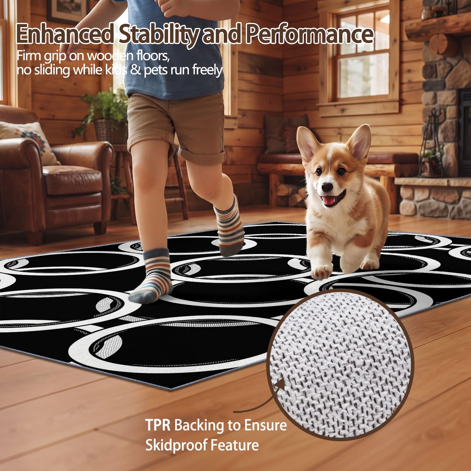 Noir Blanc Moderne Géométrique Tapis Salon Cercle Anneau Rug Lavable en Machine | Antidérapant Rugs, Chambre Descente de Lit Salle a Manger Bureau Cuisine Interieur Poil Ras Carpet 60 x 110 cm