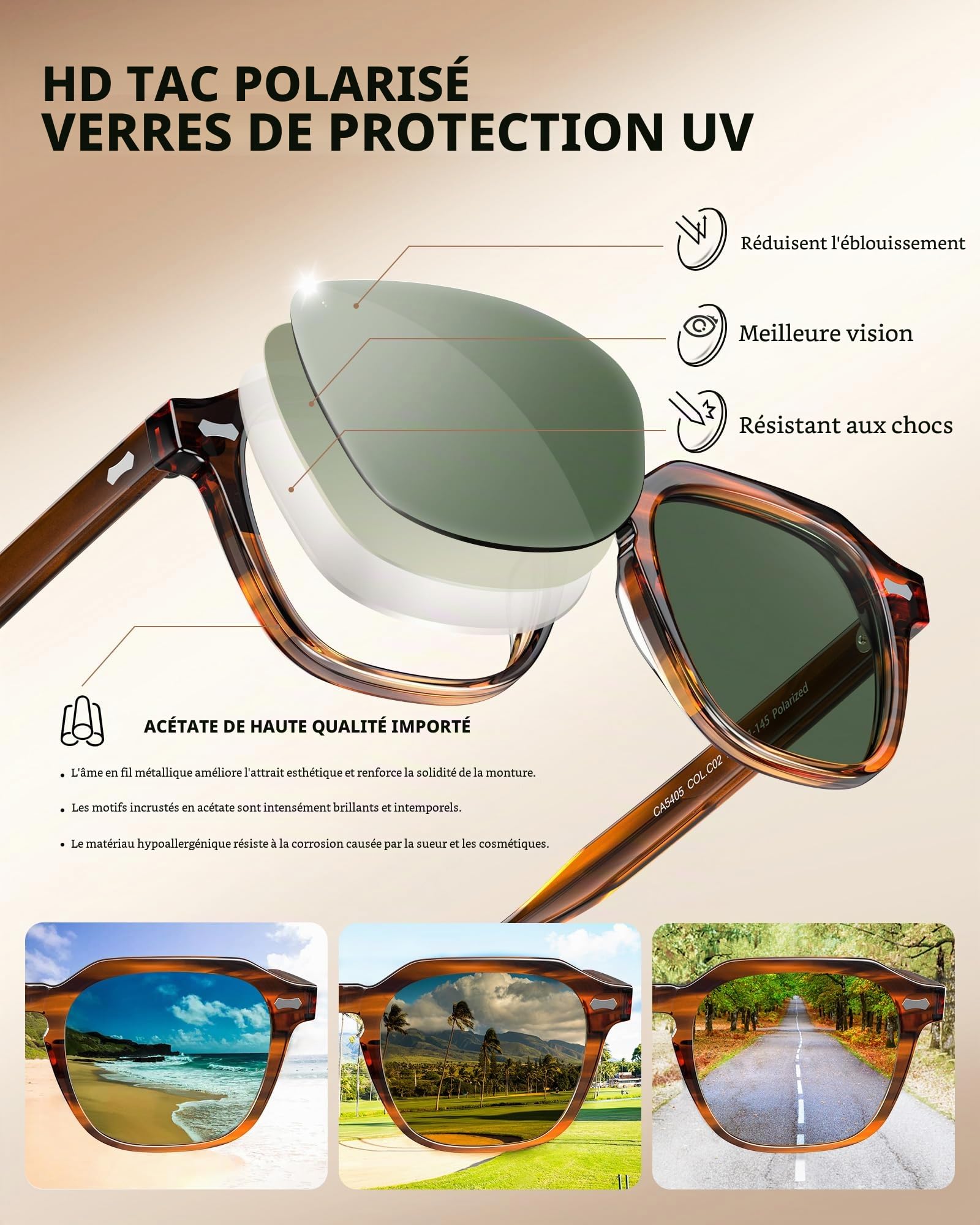 CARFIA Lunettes de soleil polarisées pour homme, protection UV400, cadre rectangulaire rétro en acétate pour conduite en plein air, voyage, pêche CA5405
