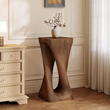 12.5" Side Table,Twist Shape Decorative Accent Garden Stool Table for Patio Balcony Beach Pool Side,Lightweight Concrete,Wood Like Texture,Antique Brown