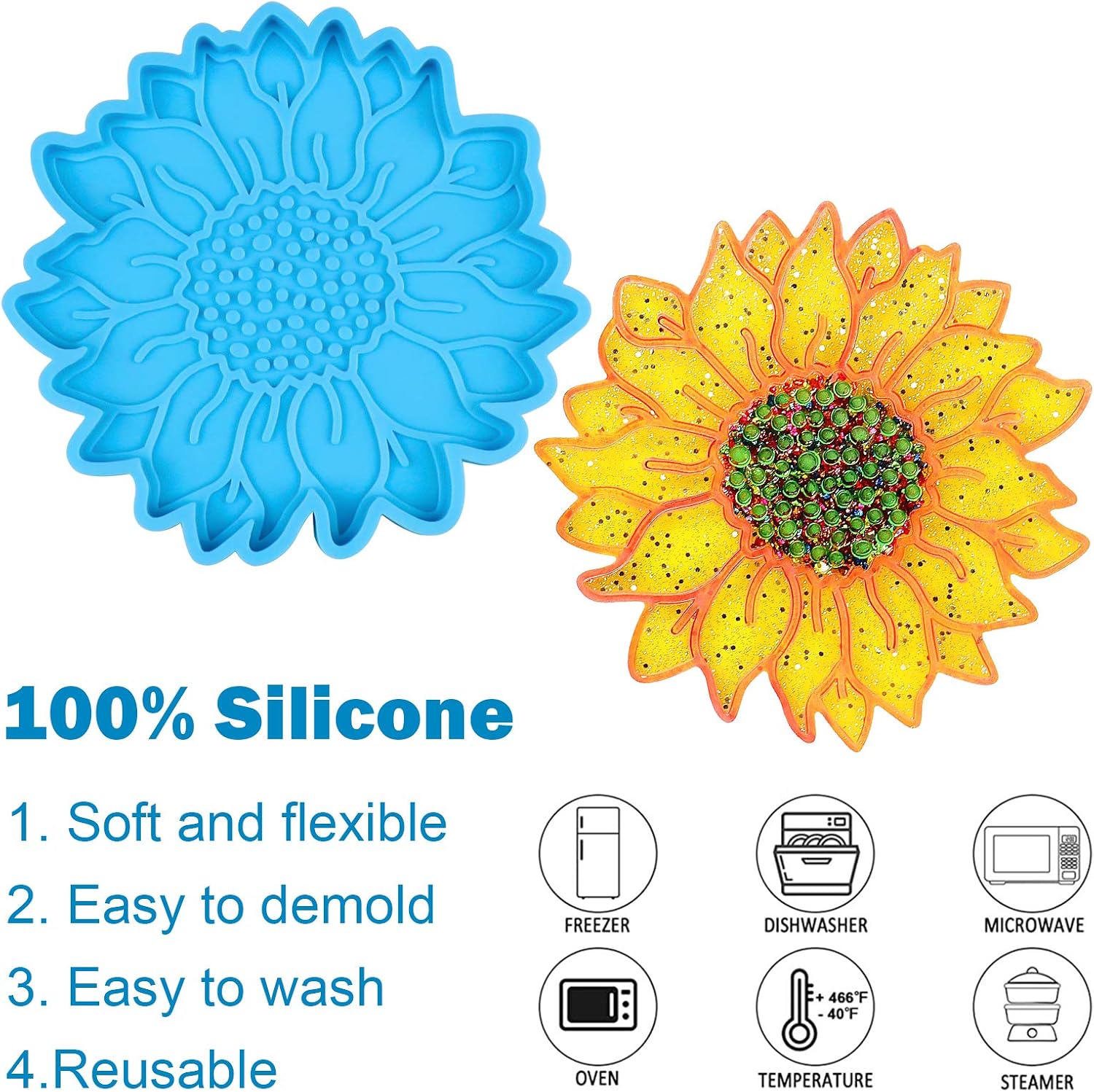 Juome 4 Pcs Large Sunflower Coaster Resin Molds, Sun Flower Coaster Silicone Molds for Resin Casting, 3D Design Coaster Epoxy Molds for Cups Mats Pad DIY Craft Home Table Decoration