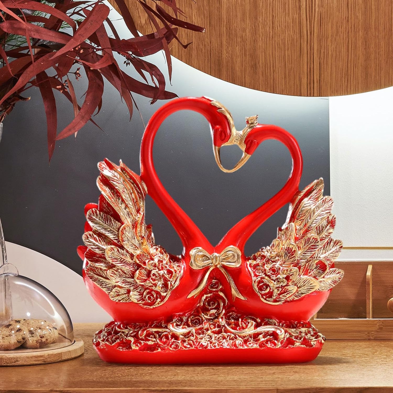 Couple Swan Figurine Animal Sculpture Art Craft Ornament Wedding Gift for Bedroom Living Room Entrance Bookshelf Home Decor, Red