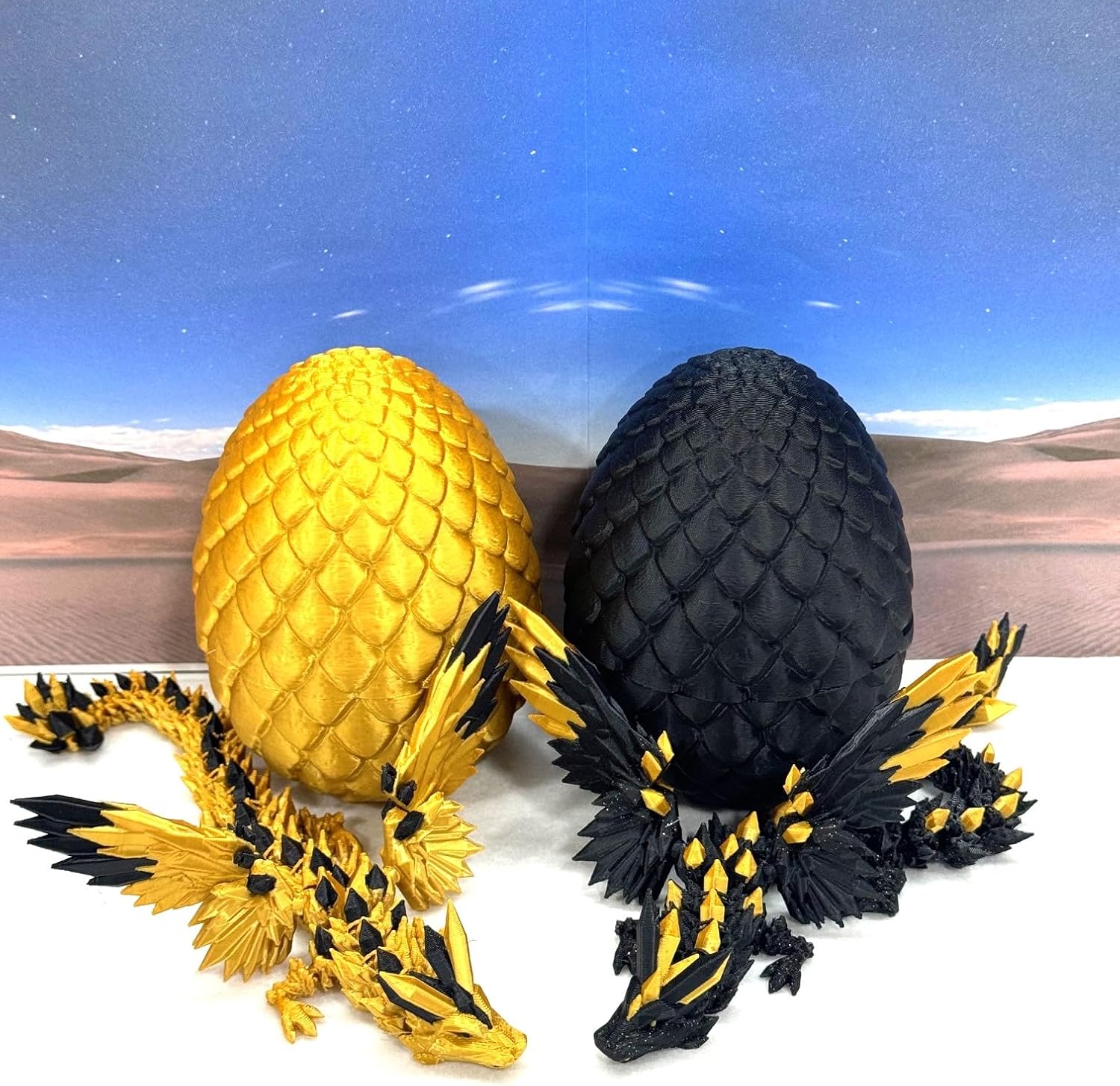 Crystal Winged Dragon with Dragon Egg, 2 PCS 3D Printed Articulated Dragon with Wings, Black Crystal Winged Dragon, Fidget ADHD Autism Toy CW004BE-CW005GE