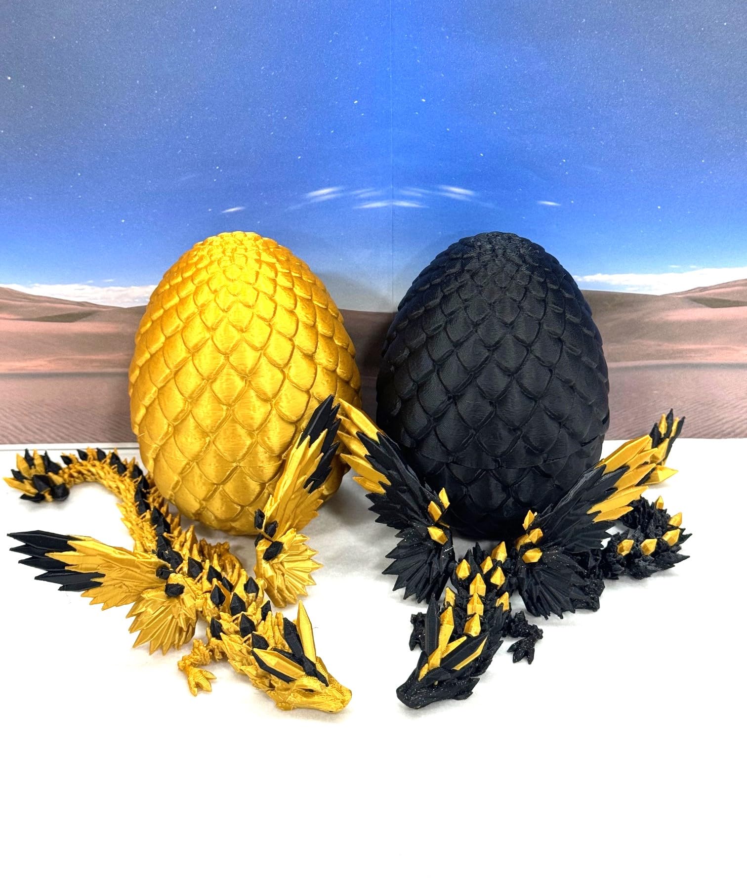 Crystal Winged Dragons with Egg, 2 pcs Articulated Dragon with Wings, 3D Printed Black and Gold Crystal Dragons, Fidget Stress Relief Toy Fidget ADHD