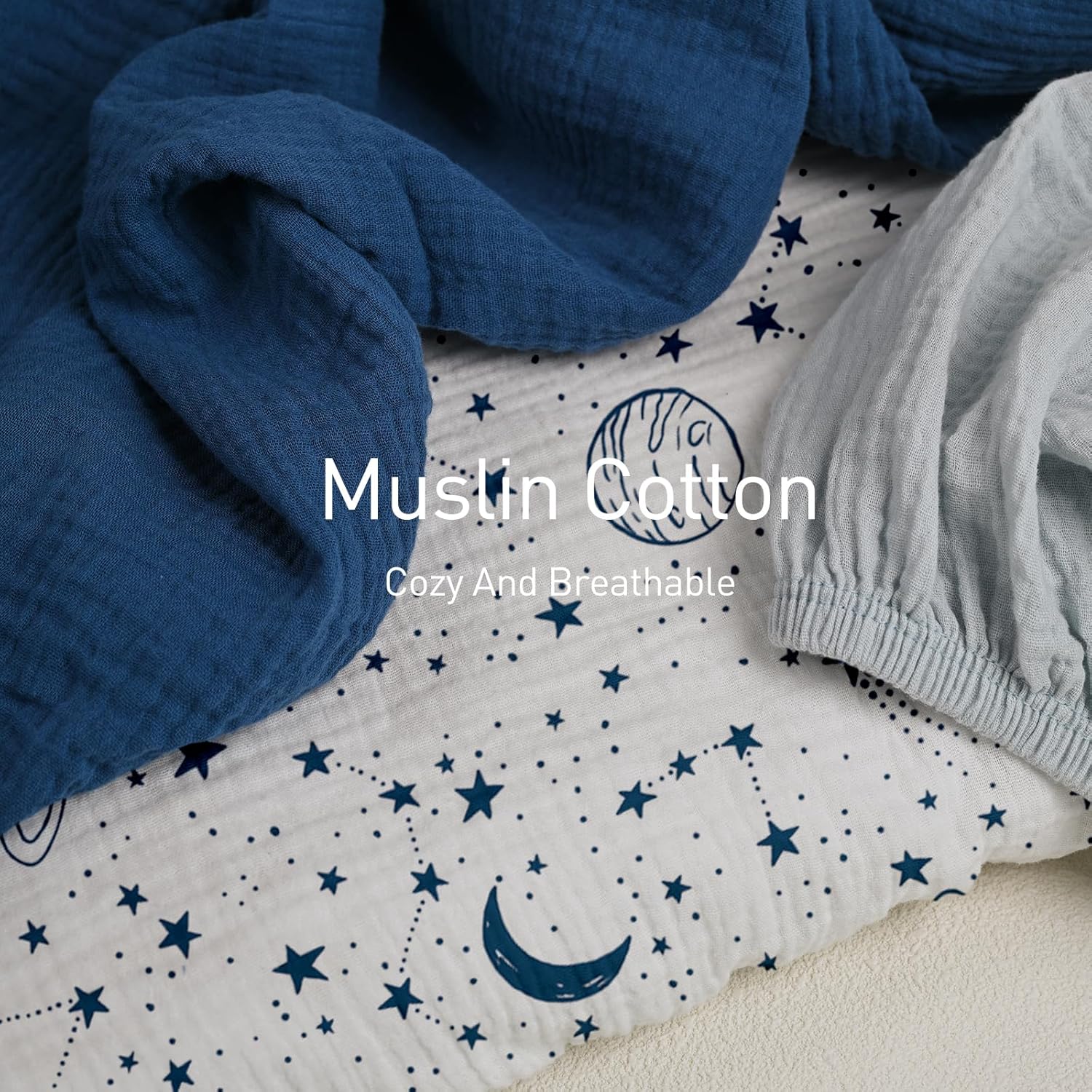 Gllquen Baby Muslin Bassinet Sheets 3 Pack, Breathable Elastic Cozy Fitted Cotton Bassinet Mattress Sheet for Baby Boy Girls, Fit for Hourglass Oval Rectangular Cradle Pad Sheets 33"x17" (Blue) - Image 4