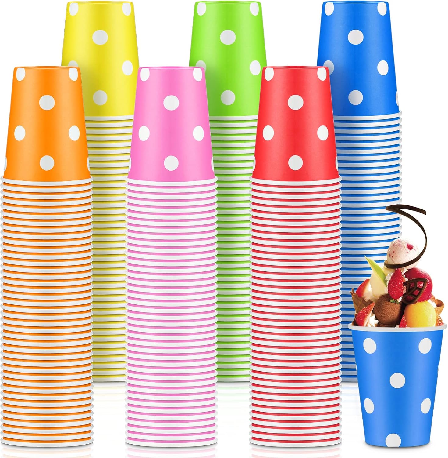 Hoolerry 240 Packs 9oz Paper Cups Disposable, Multicolor Paper Cup Bulk for Coffee Hot or Cold Beverage Drinking Dots Cups for Chocolate Cocoa Dessert Cup for Wedding Event Party(Dot)