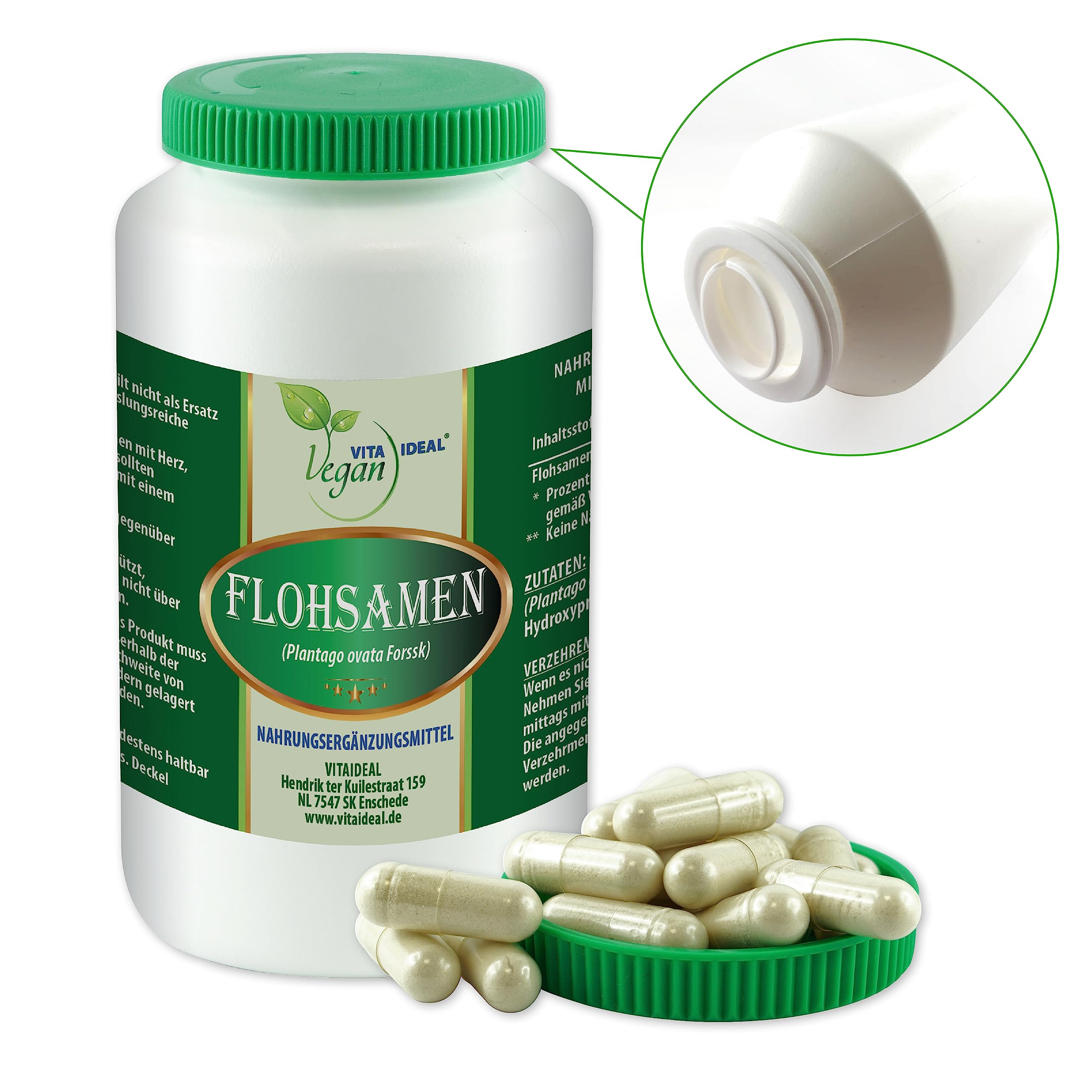 VITA IDEAL Vegan® FLOHSAMEN - Schalen 4x 360 KAPSELN - Plantago indica - Floh - Samen - Schalen - Tagesportion 1100mg FLOHSAMENSCHALEN reines Pulver. Naatürlich, pflanzlich & ohne Zusatzstoffe.