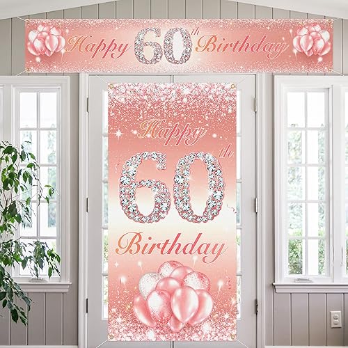 Juego de carteles largos para puerta de 60 años, decoración de cumpleaños de 60 años, suministros de fiesta para mujeres, color oro rosa