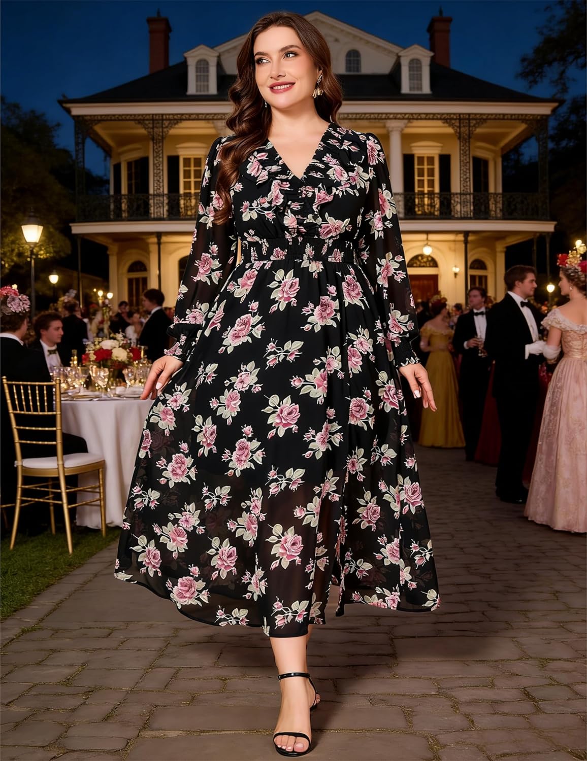 EYWOL Wedding Guest Dress - V Neck Floral Long Sleeve with Slit, Flowy Chiffon for Curvy Women (M-3XL)