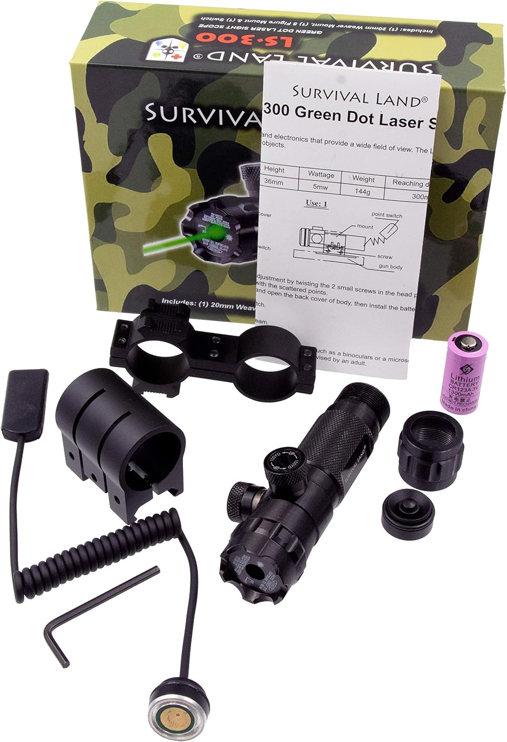 Survival Land LS-300 Shockproof 532nm Tactical Green Laser Sight, Rifle Gun Scope – Includes 20mm Picatinny Rail, 1” Barrel Mounts and Remote Pressure Switch : Sports & Outdoors