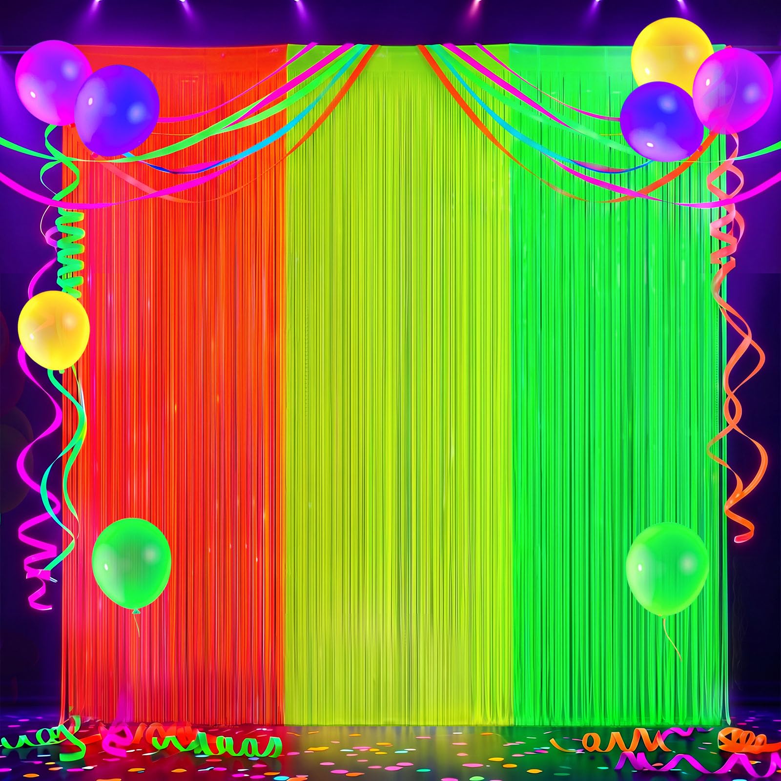 LovesTown 3 Pack Neon-Themed Fringe Curtains with 8 Balloons
