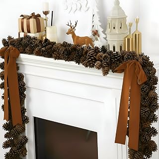 6 ft Christmas Pine Cone Garland Decoration with 2 Velvet Bow Rustic Assorted Pine Cones Brown Christmas Twig Garland Hanging Pinecones String for Xmas Holiday Fireplace Mantel Table Wall Indoor Decor