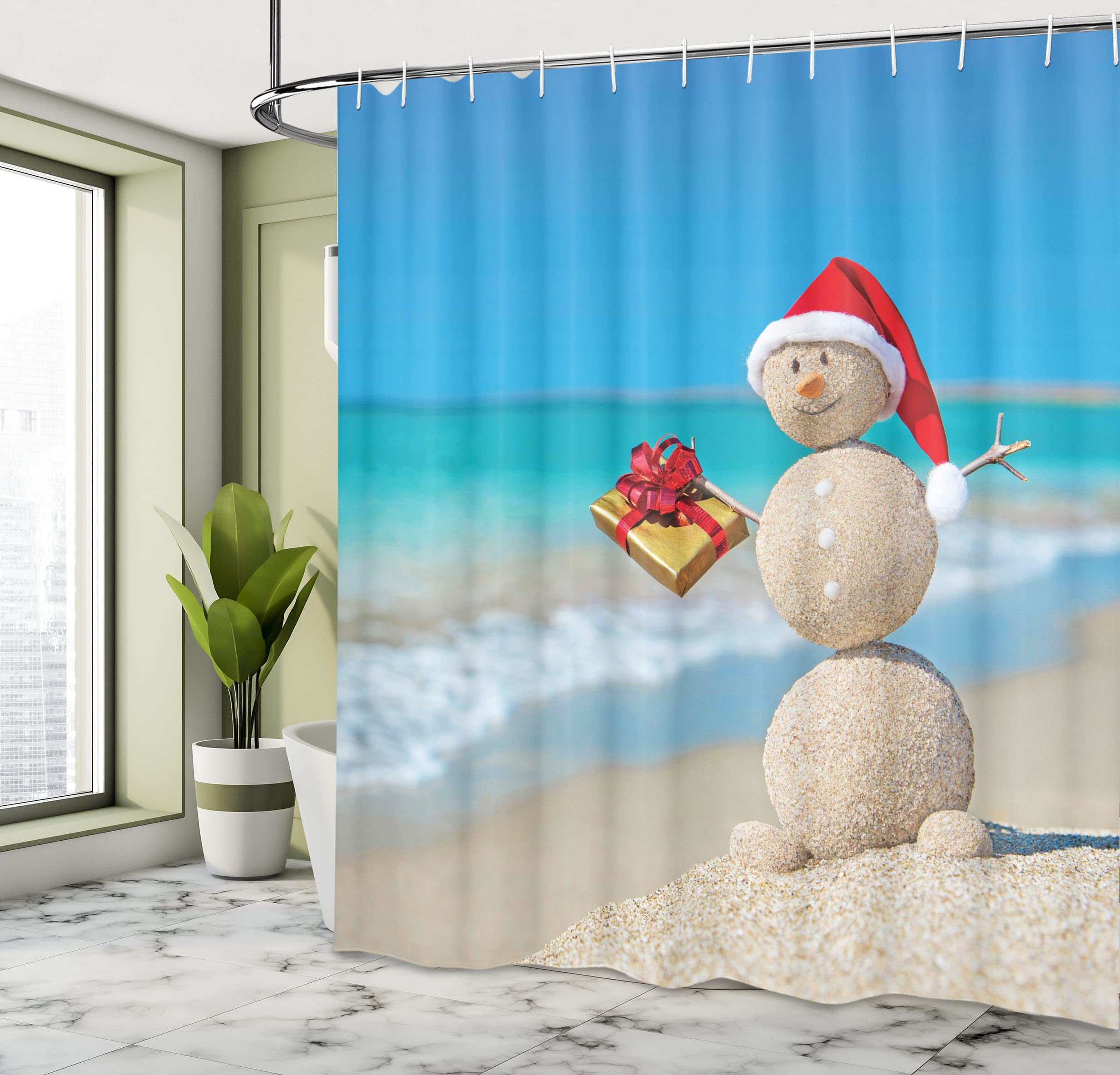 雪だるま　カーテン　装飾 Amazon｜Ambesonne クリスマスシャワーカーテン サンタハットと