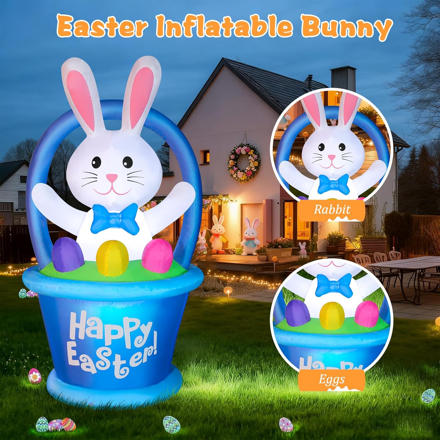4 FT Easter Inflatable Bunny Outdoor Decorations with Rabbit Eggs in The Blue Basket, Blow Up Sign Decoration with Built-in LED Lights, Easter Inflatables Outdoor Decoration for Lawn Yard and Garden