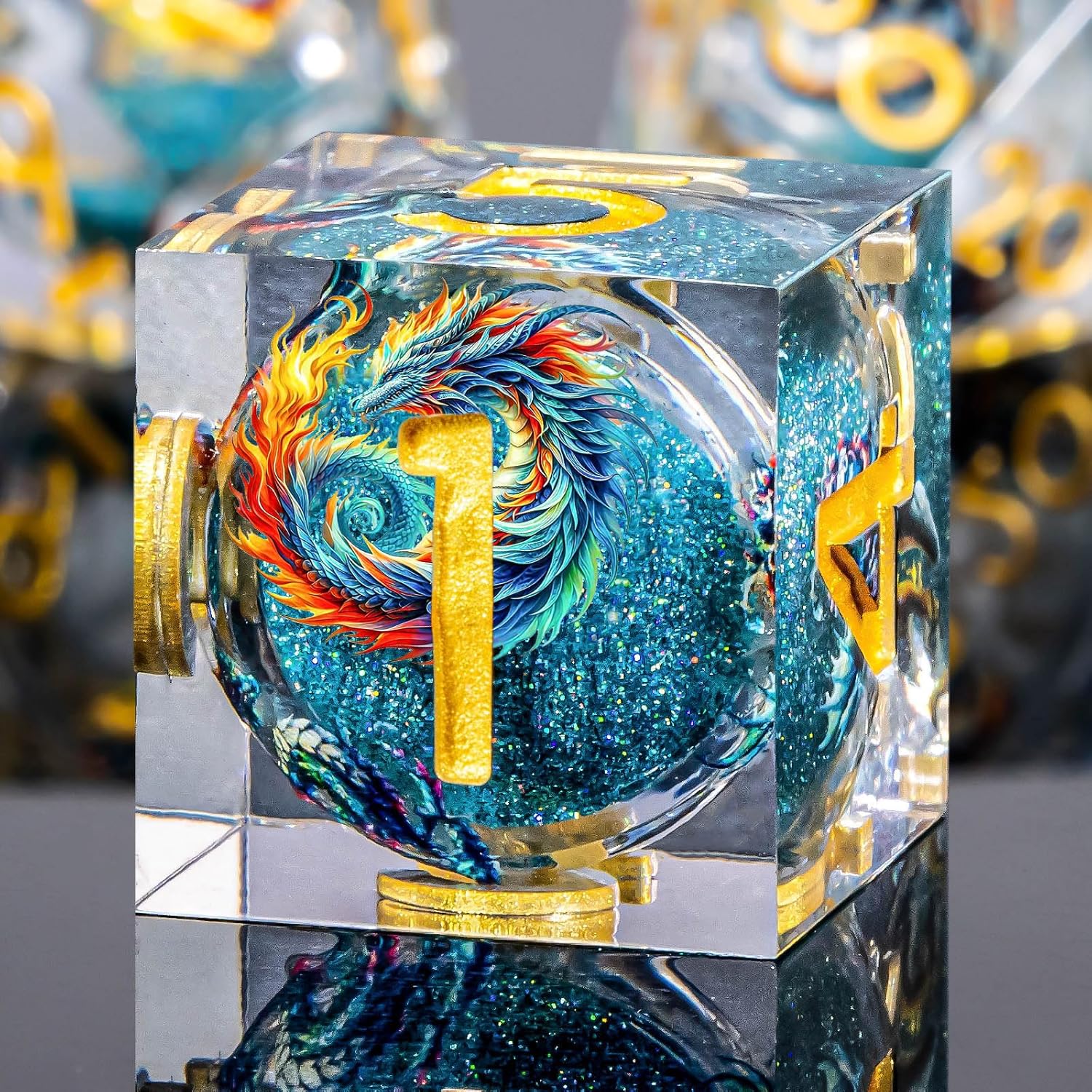Roycevon Dragon Pattern Liquid Core DND Dice Set, 7Pcs Sharp Edge Dice with Gift Box, Resin Blue Dungeons Dragons D and D Role Playing Dice D20 D12 D10 D8 D6 D4