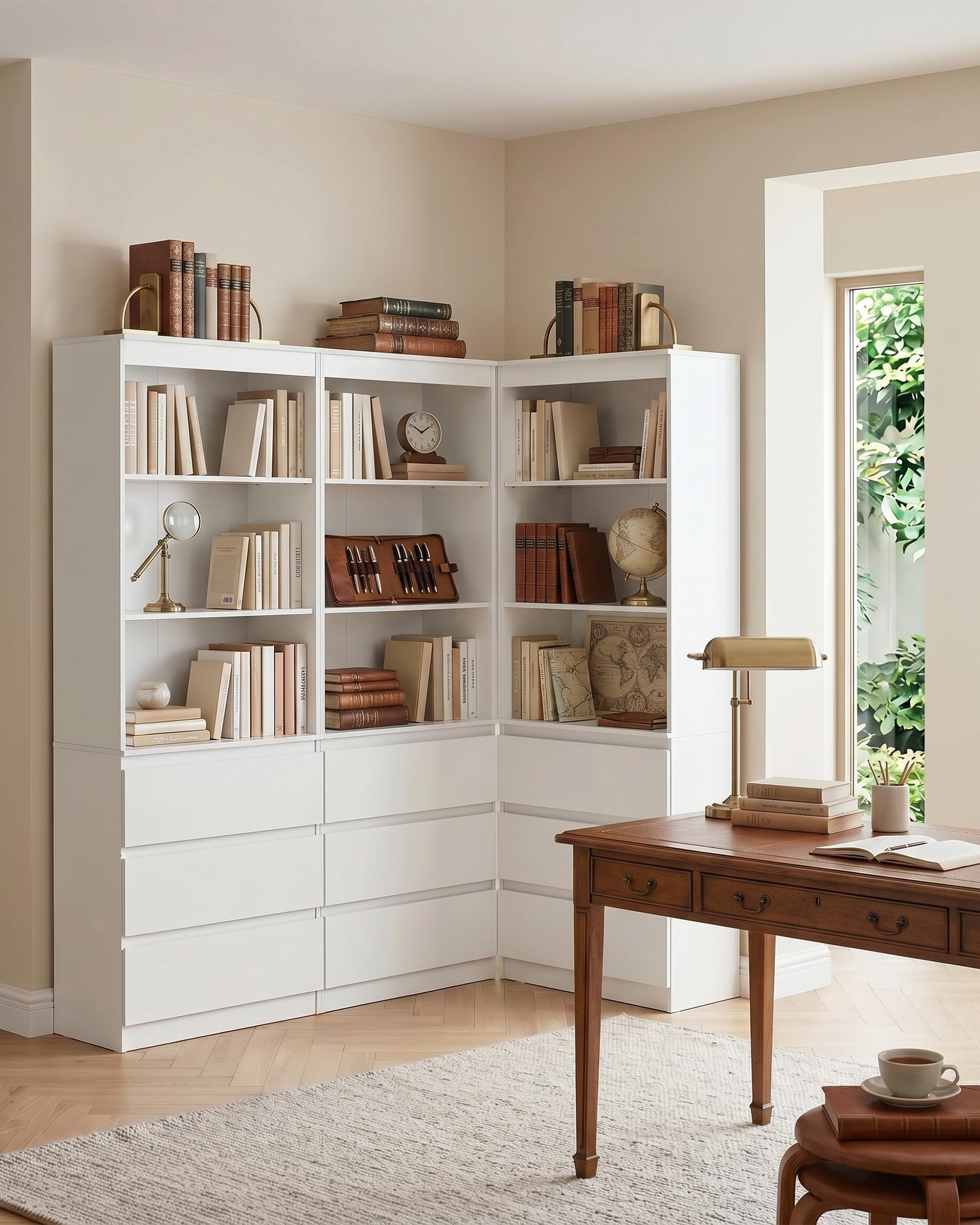 hitsuki Mueble Blanco con Cajones Estantería 60x32x180cm Libreria Alta para Salón Dormitorio Oficina Almacenaje Vertical