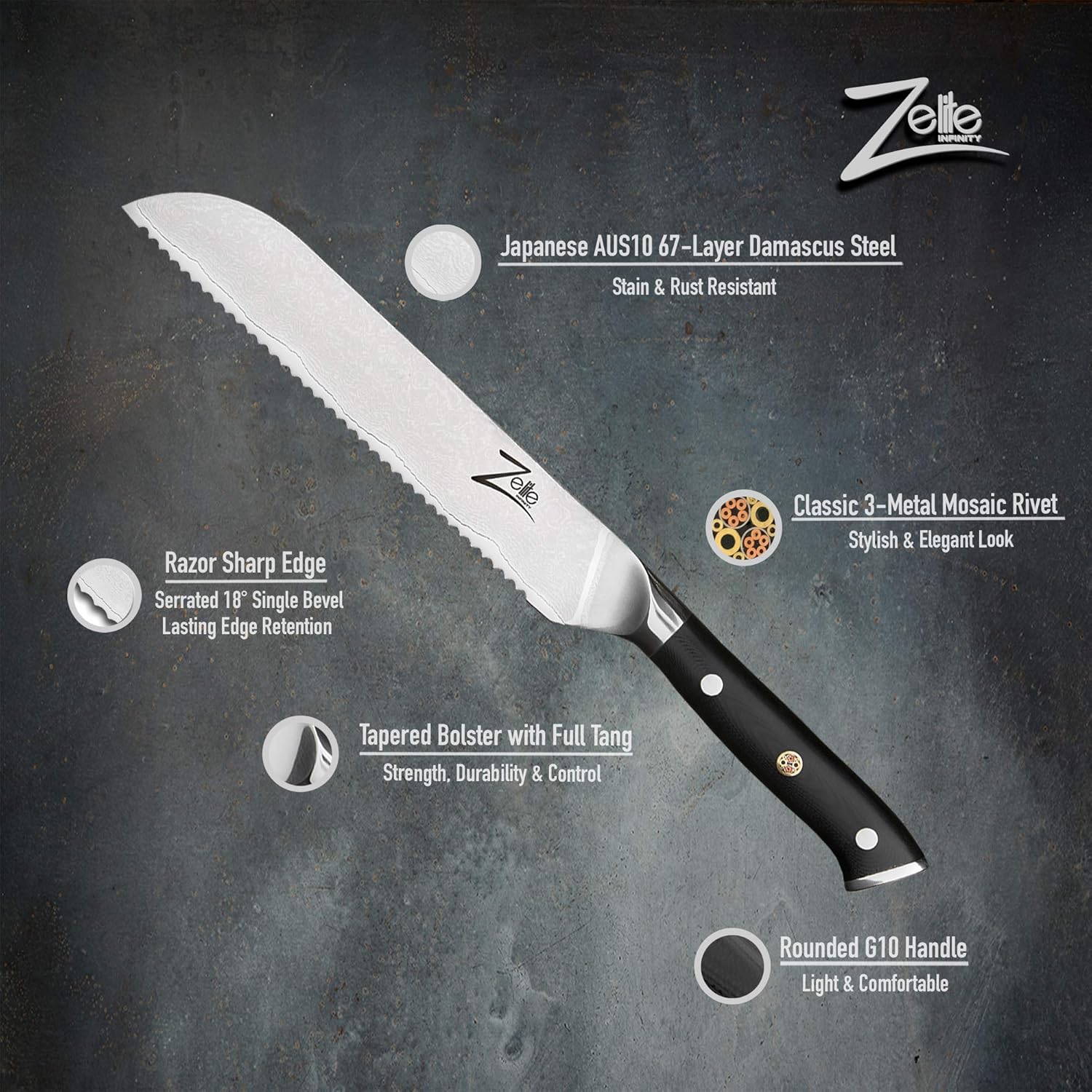 Zelite Infinity Bread Knife 8 Inch - Alpha-Royal Series - Japanese AUS-10 Super Steel Damascus 67-Layer Damascus - Razor Sharp, Superb Edge Retention: Kitchen & Dining