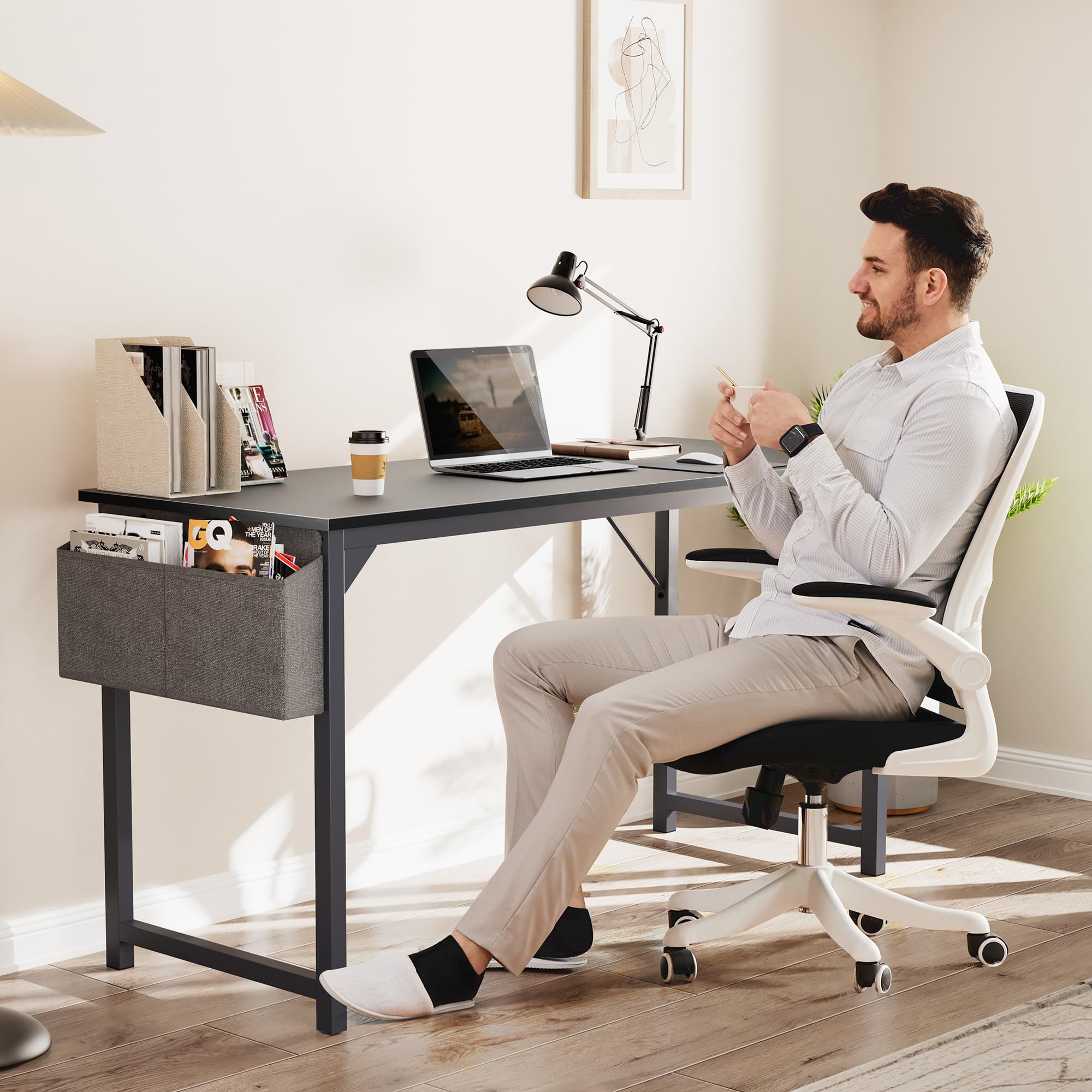 NEWBULIG Home Office Schreibtisch mit Ablage & Kopfhörerhaken Einfacher Moderna postazione di Lavoro, Nero, 33 inch