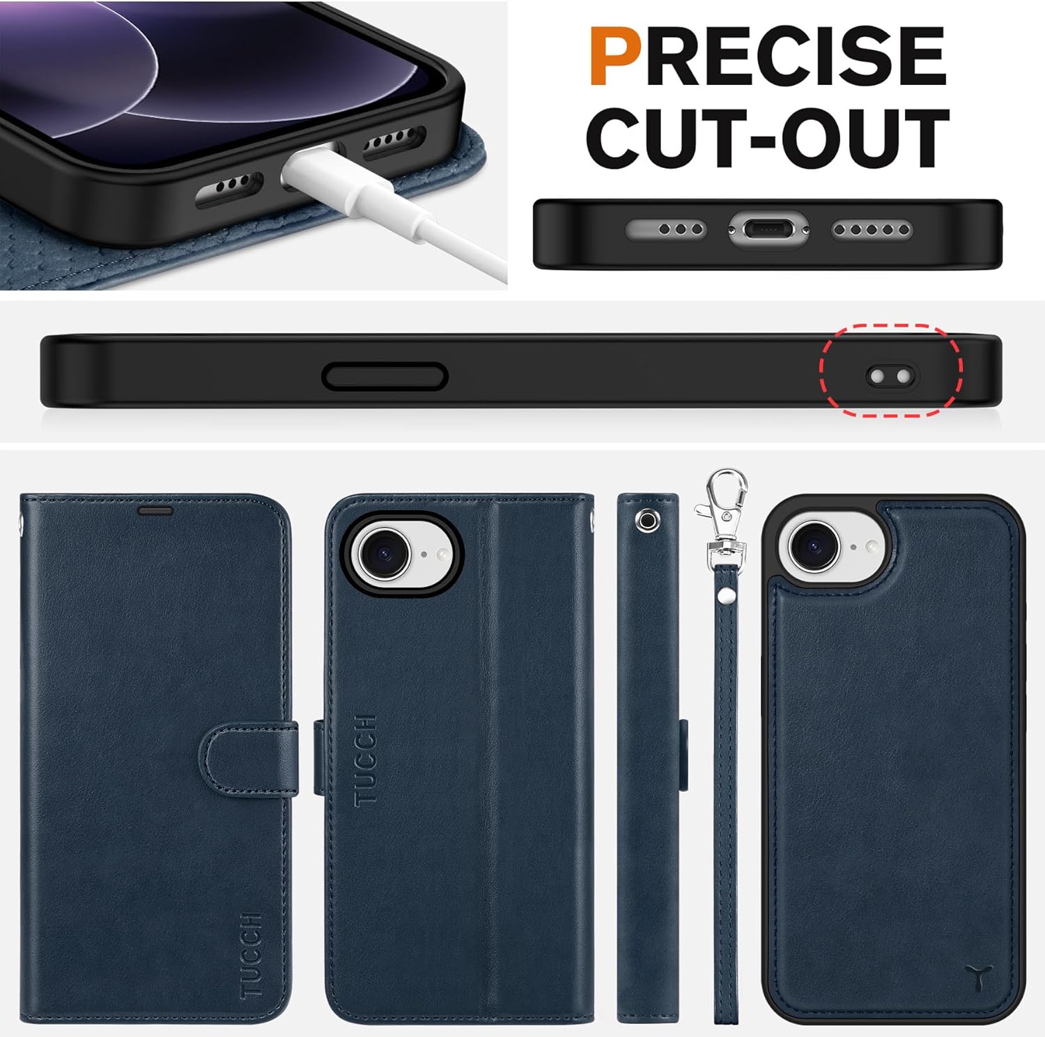 TUCCH Removable Wallet Case for iPhone 17e, Detachable Case for iPhone 16e, 2 in 1 RFID Blocking 4 Card Slots Wrist Strap [Wireless Charging] Kickstand PU Leather Magnetic Folio Cover 6.1", Dark Blue
