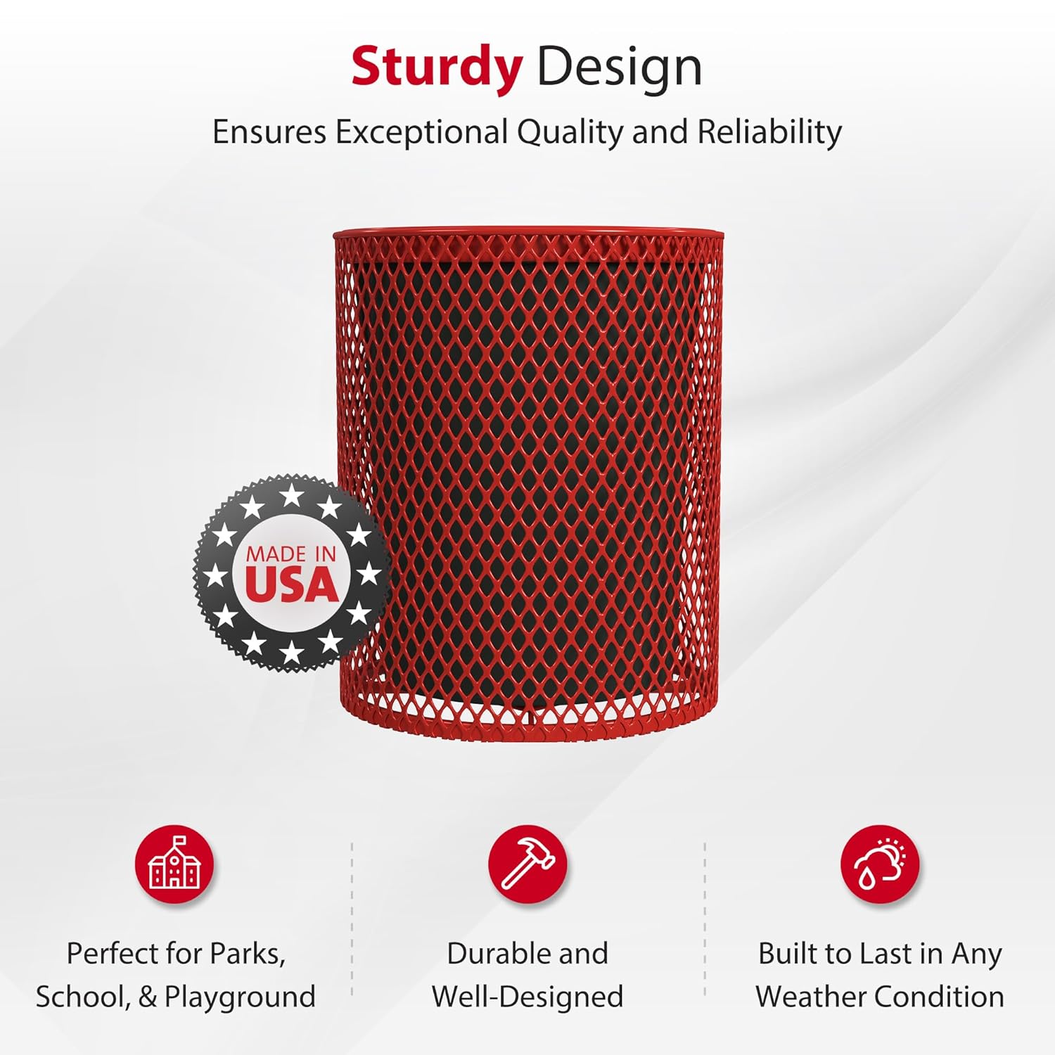 Leisure Craft 32 Gallon Outdoor Trash Can Receptacle - Commercial Large Heavy Duty Outside Trash Bin with Liner, Expanded Metal, Durable Thermoplastic Coating, Park Garbage Can Made in USA - Red