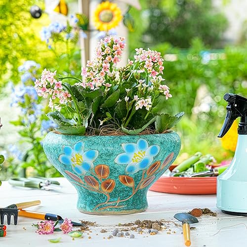 Miniatura 2 de Sungmor Macetas grandes para suculentas de 9.6 pulgadas, bonita maceta de cerámica pintada a mano con drenaje, maceta de cactus para interiores y