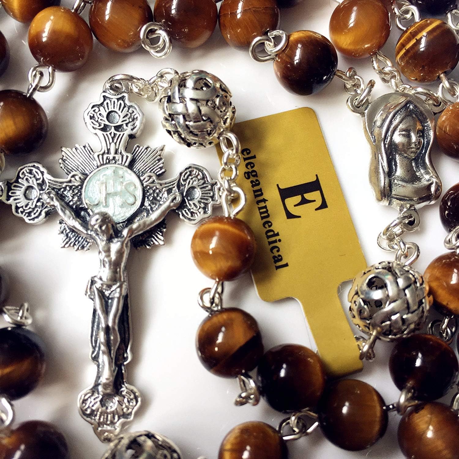 elegantmedical Bali Sterling Silver Beads & Tiger Eye GIFT CATHOLIC ROSARY CROSS NECKLACE BOX