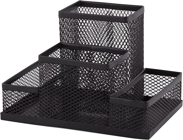 D.RECT Desk Organiser, Pen Holder, Metal Desk Organiser, Office Tray with Memo Holder, Mesh 103 x 154 x 103 mm, Black, (110446)