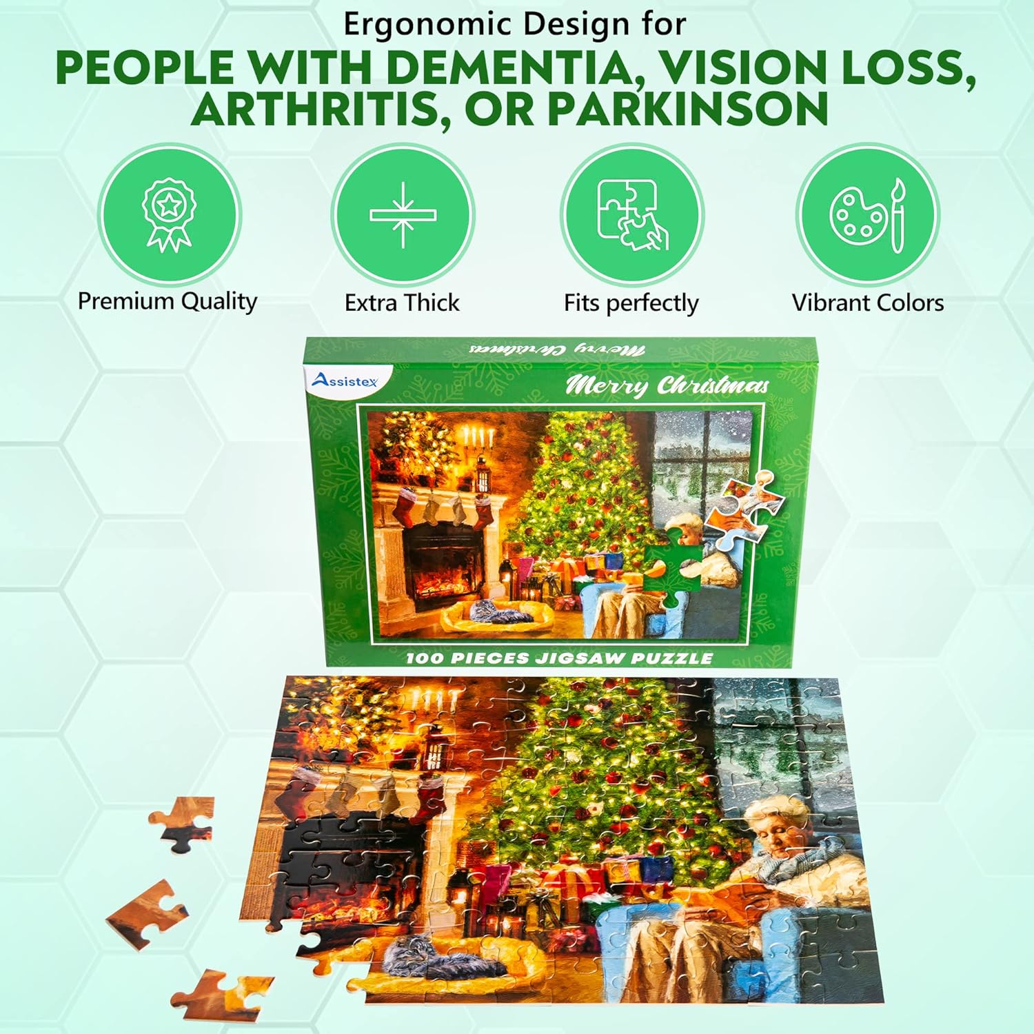 Assistex Large Piece Jigsaw Puzzle for Seniors with Dementia with Conversation Prompts, Large Piece Memory Game for Adults, Elderly, and Dementia Patients – Christmas Puzzle, 100 pcs
