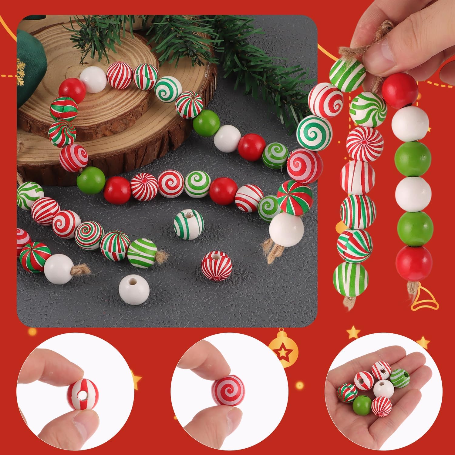 180 Pcs Christmas Wooden Beads Xmas Red Green Round Wood Beads Peppermint Candy Canes Crafts for DIY Garland Jewelry Making Party Tree Hanging Home - Image 6