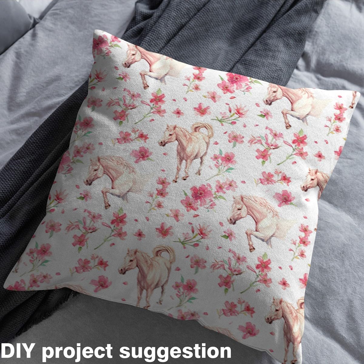 Feelyou Horse Fabric by The Yard 2 Yard Kids Cute Animal Decor Upholstery Fabric for Chairs for Boys Teens Rose Floral Flower Waterproof Outdoor Fabric Galloping Horse Reupholstery Fabric Decor