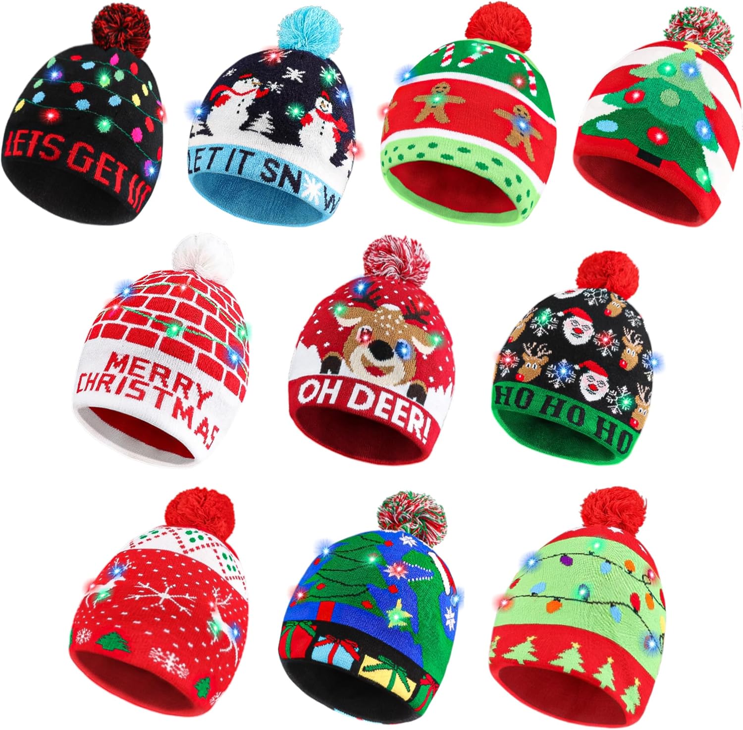 Blowata Christmas Hat Light Up Christmas Knitted Beanie Hat, Cute Cartoon Design Xmas Knit Cap with 6 Colorful LED Lights