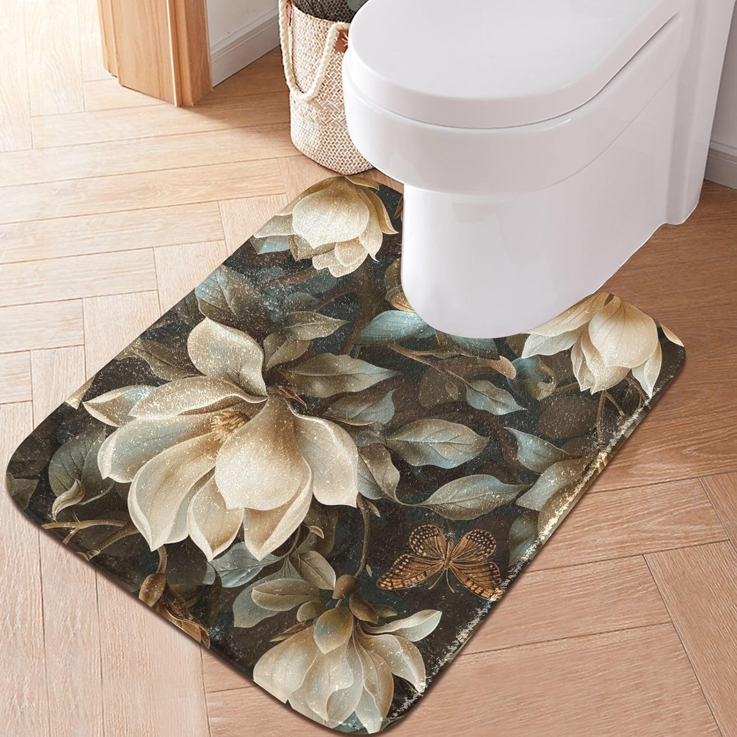 Magnolia Flowers Bathroom Rugs Set 2 Piece - Ultra Soft Bath Mat Non Slip Toilet Mat Absorbent Plush Shaggy Bath Rugs for Tub, Shower, Bath Room, Machine Wash