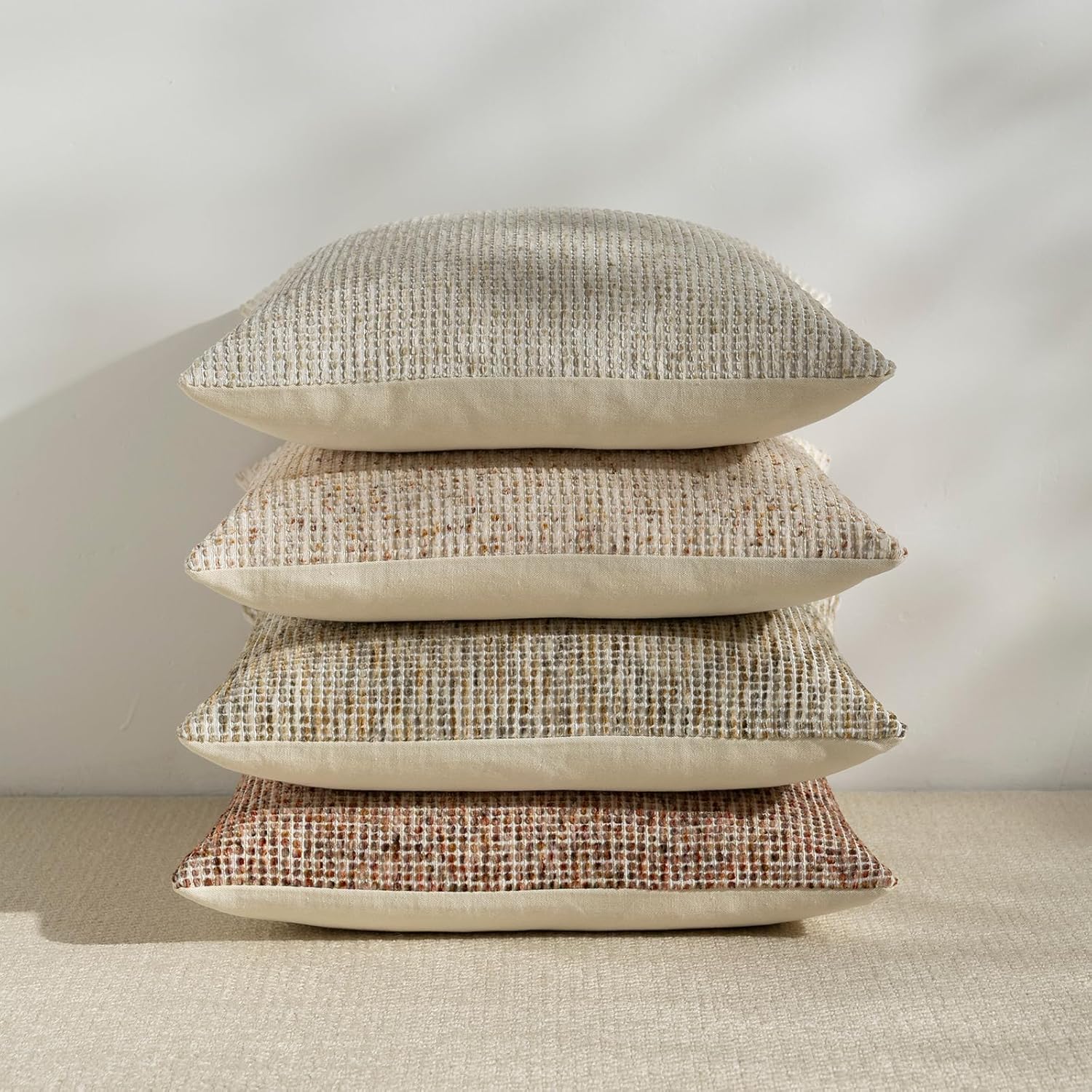 Pack of 2 Neutral Euro Sham Covers 26x26 Boho Textured Dots Stripe Chenille Large Square Decorative Throw Pillow Cases Accents for Bredroom Living Room Couch Bed Farmhouse Home Decor, Cream